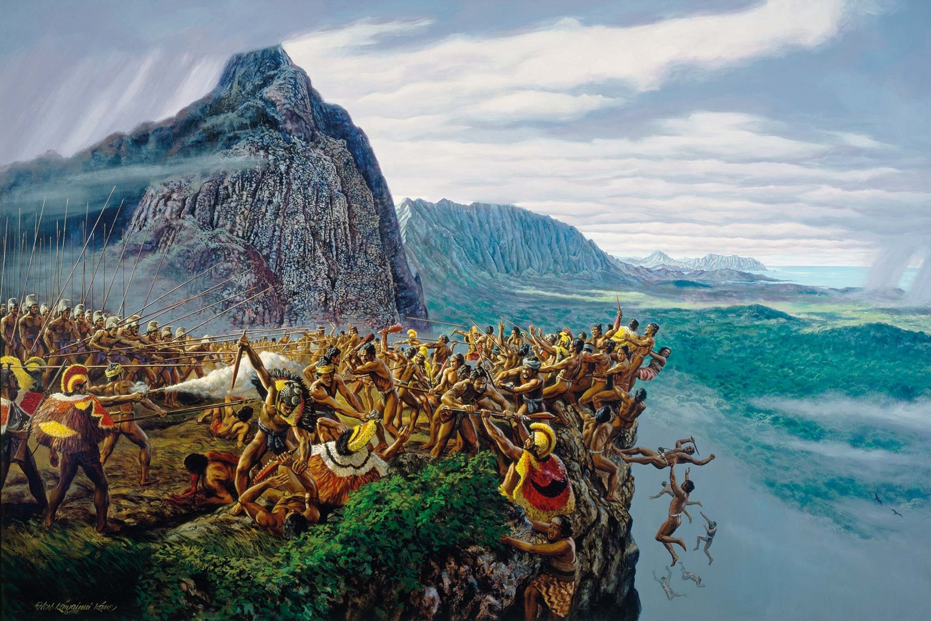 A painting shows Kamehameha’s forces fight O‘ahu’s warriors below the Nu‘uanu Valley