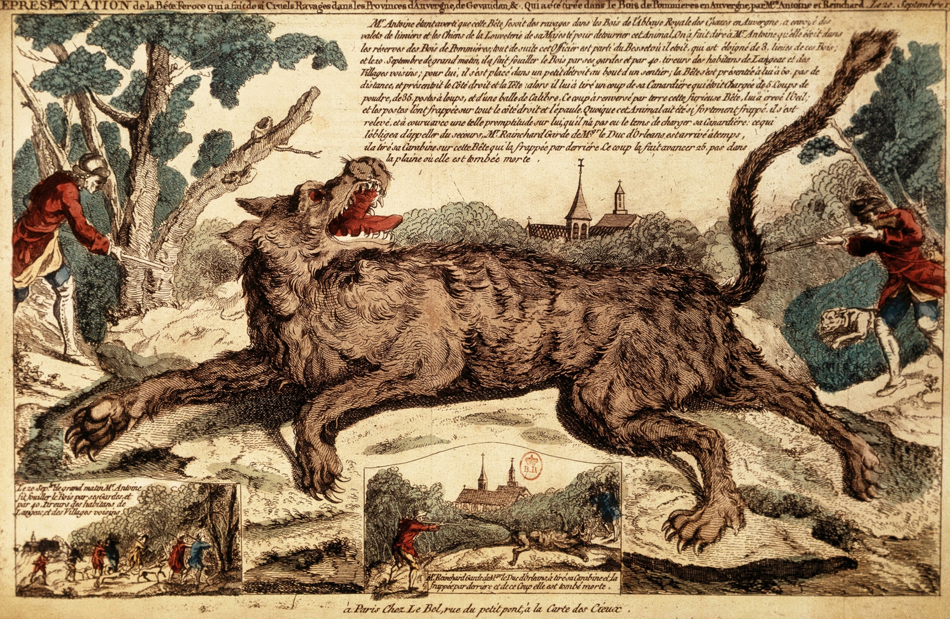 In this 18th-century engraving, royal huntsman François Antoine kills the wolf believed to be the beast in 1765. Two months later, the beast returned to terrorize France again.