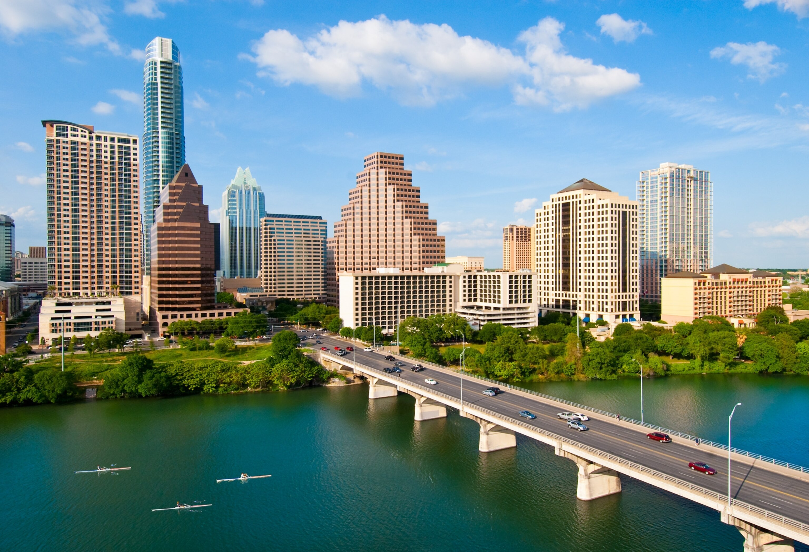 kayakers and cityscape in Austin, Texas