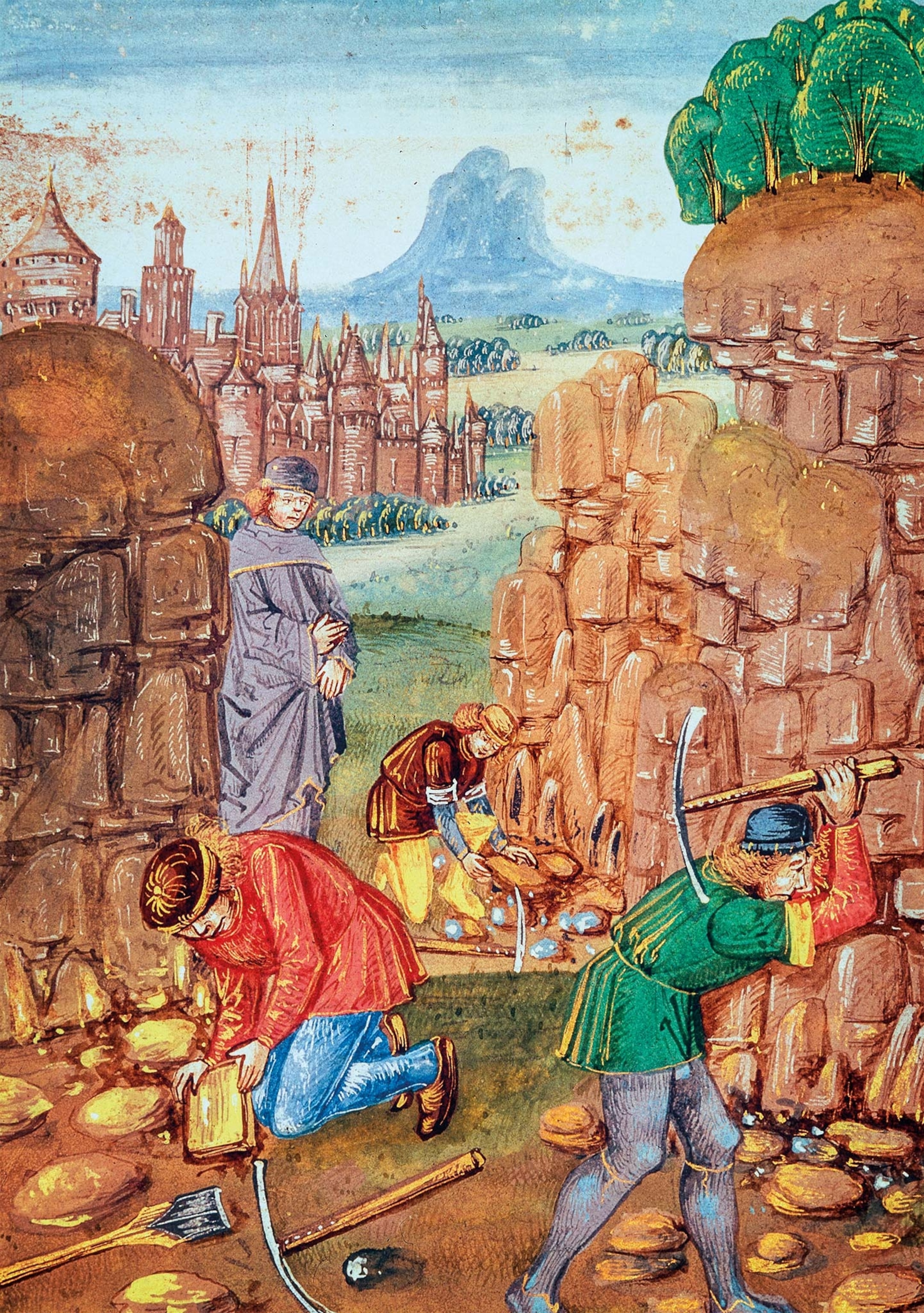 Workers extract stone in a 15th-century illustration