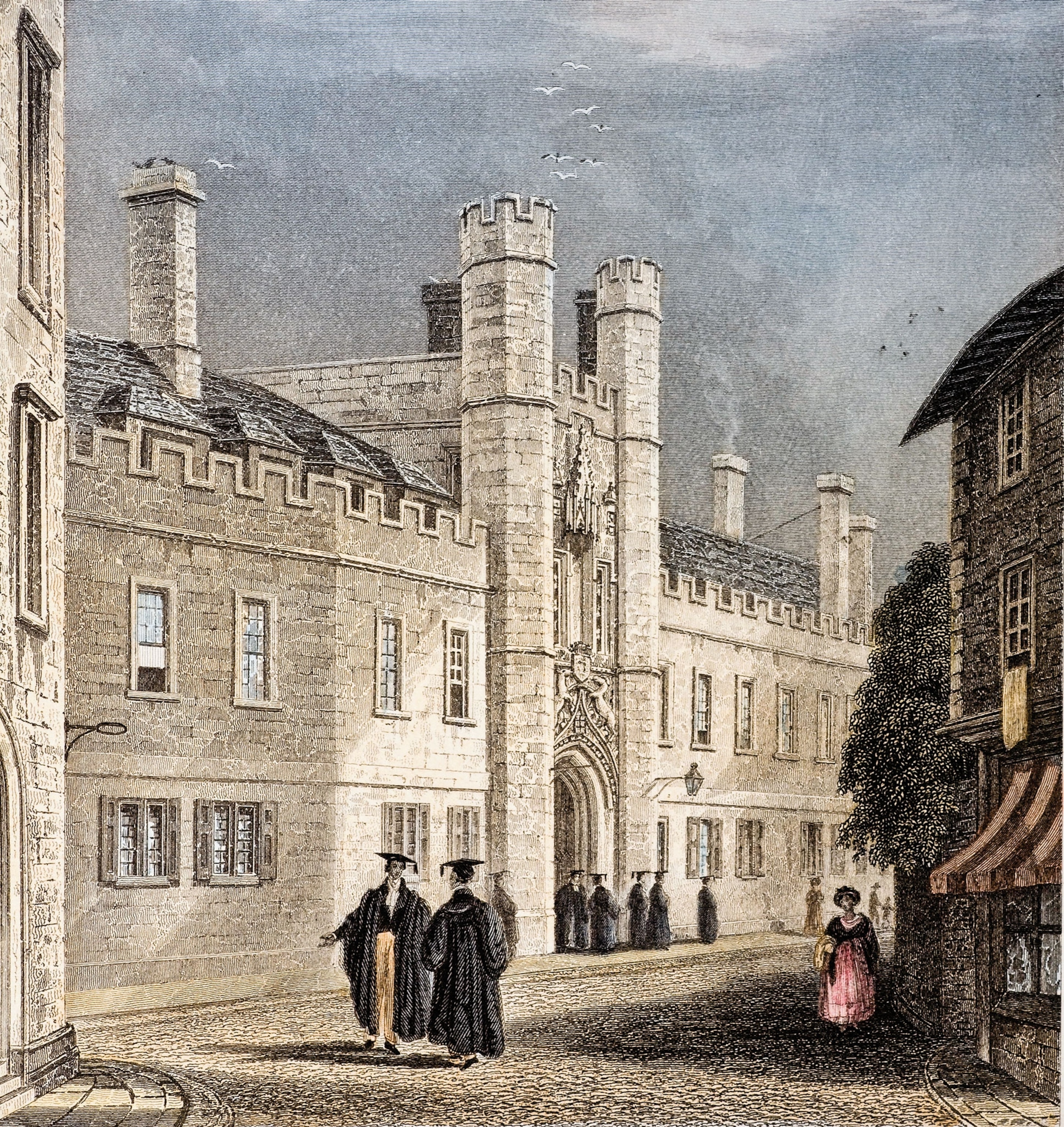 A drawing of scholars at a university