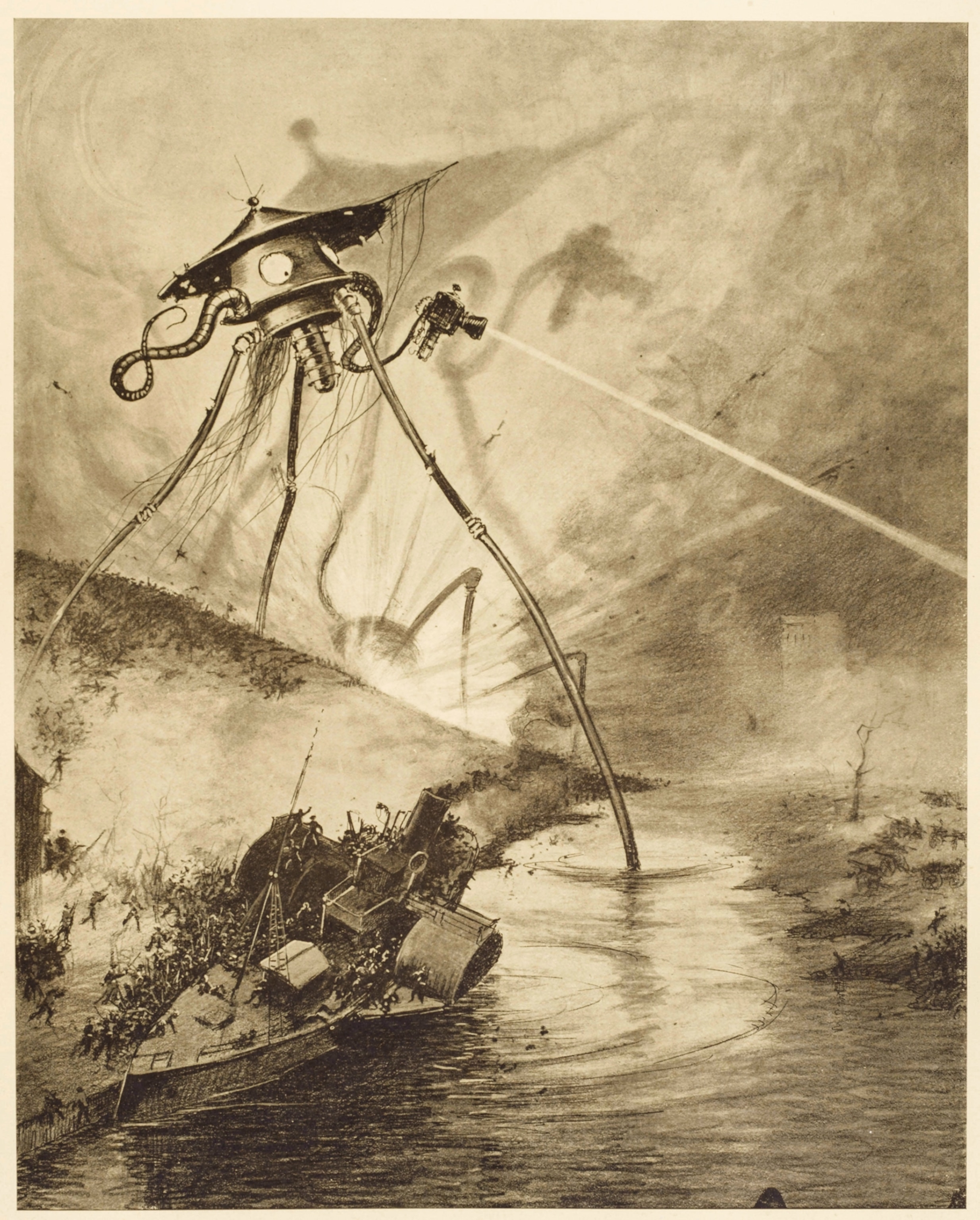 longleged creature working over river and shooting guns.