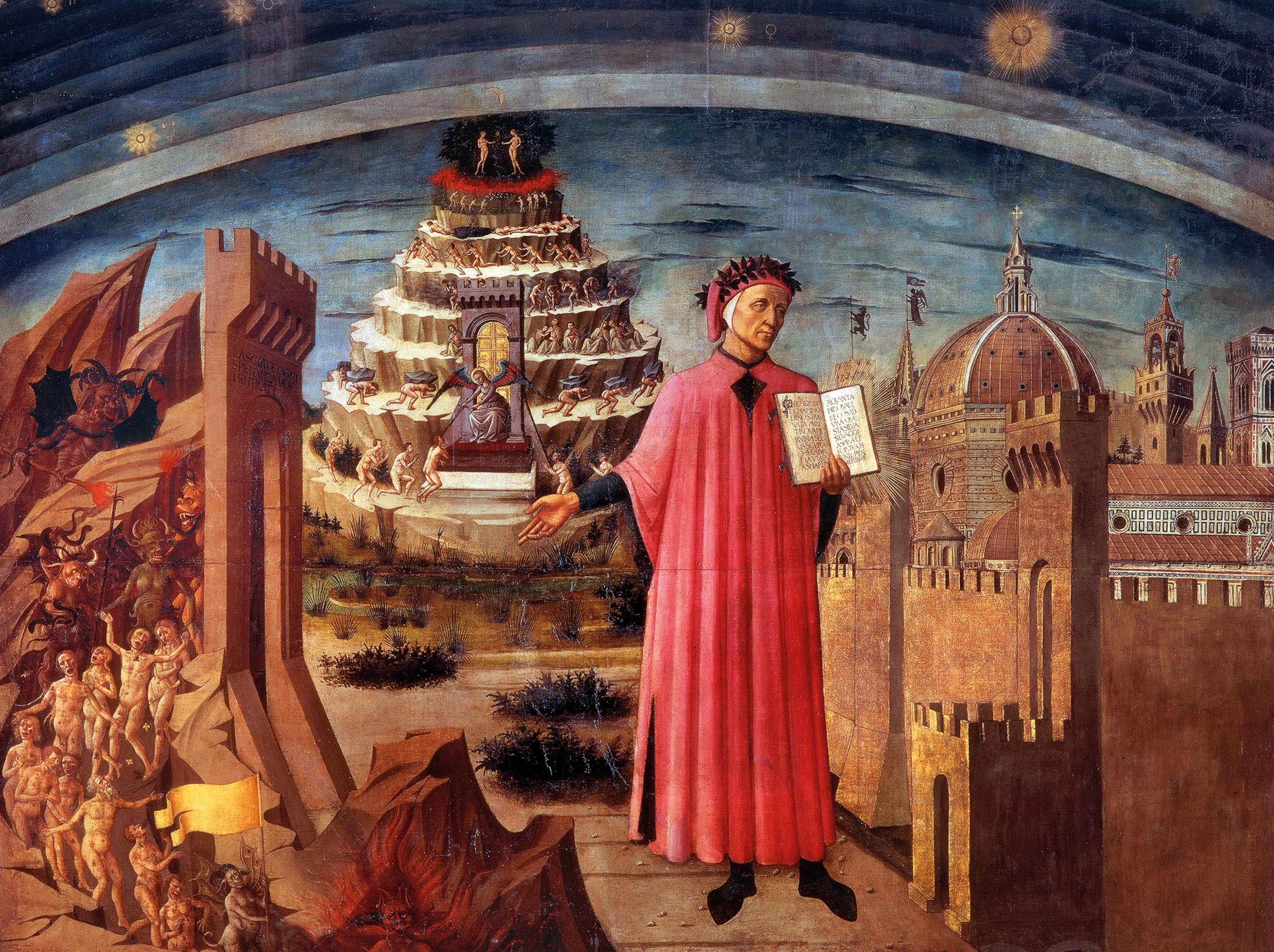 The poet Dante holds a copy of his Divine Comedy, with hell and purgatory forming the background to this 15th-century fresco by Domenico di Michelino. The heavenly spheres arch overhead, while to the right rise the domes and towers of the city of Florence.
