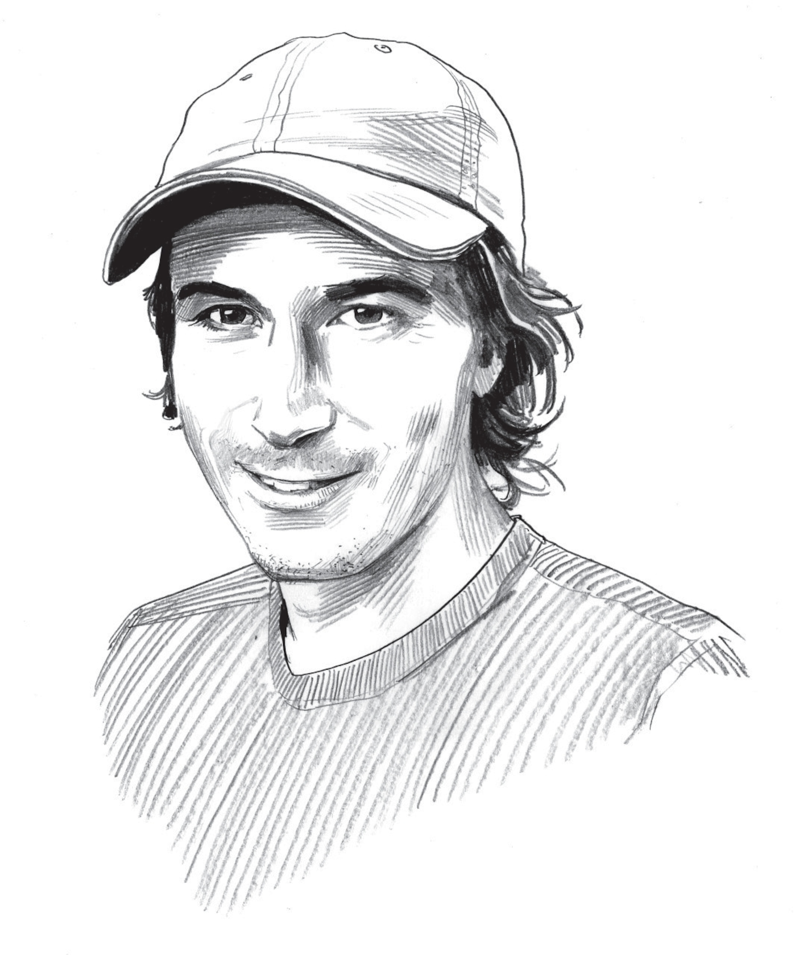 Black and white illustration of a man wearing a baseball cap