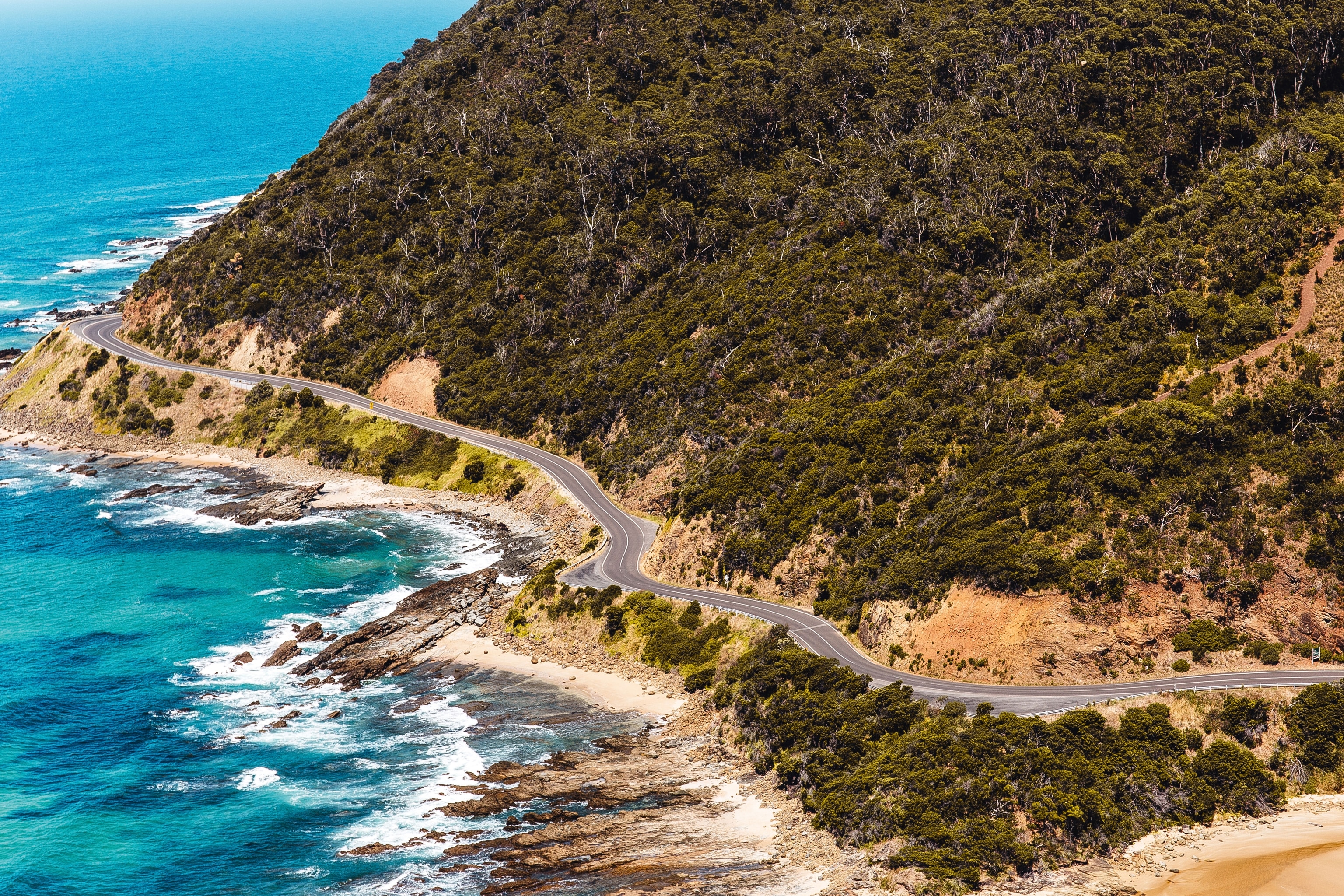 overhead shot of coast side road