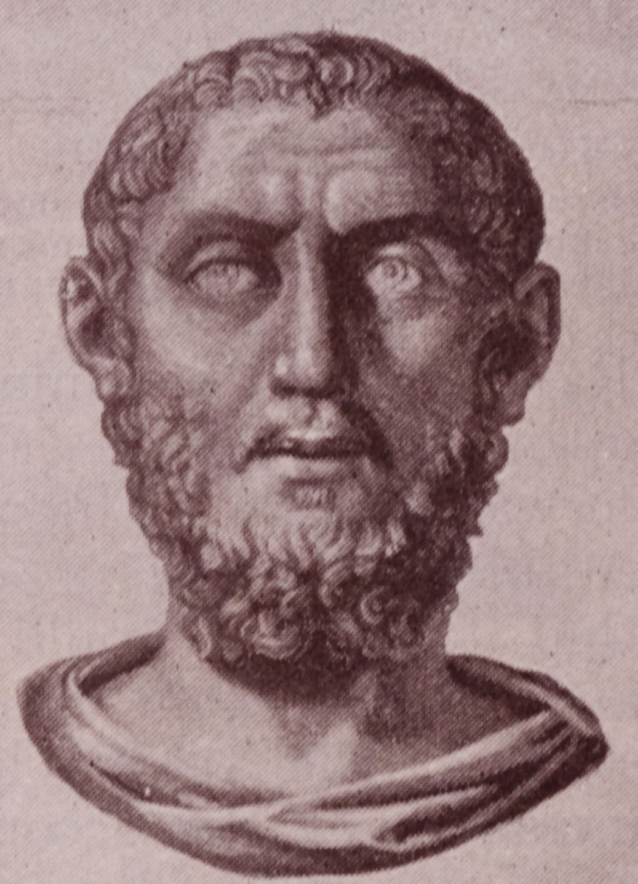 An illustration of a bust of a man with curly hair and beard.