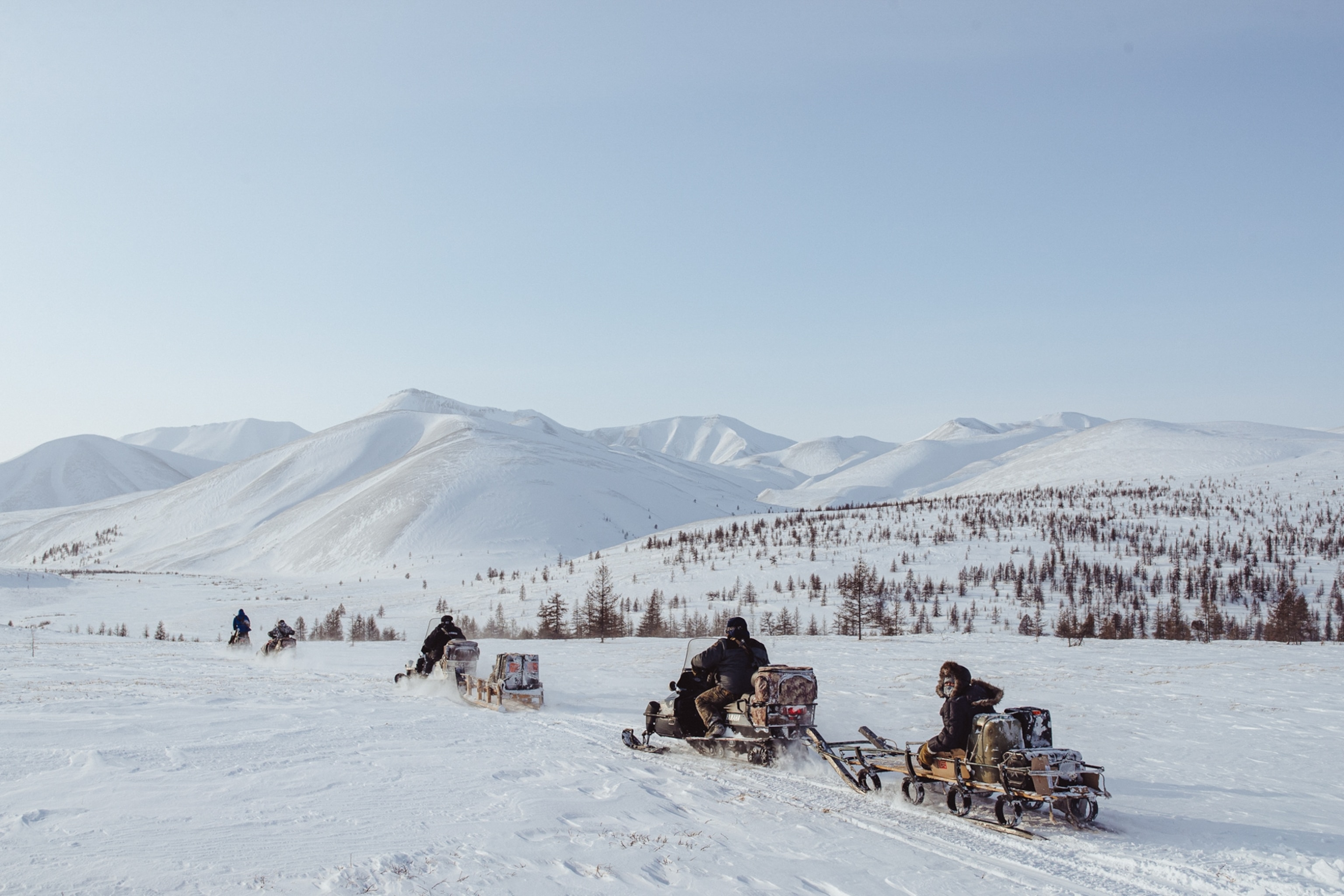 a row of people on winter sleds