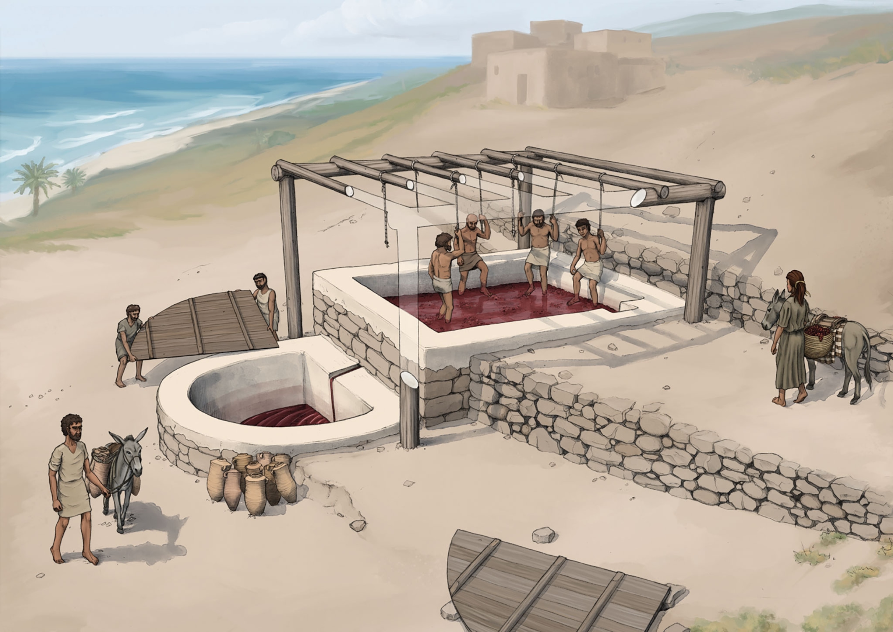 an illustration of an ancient wine press