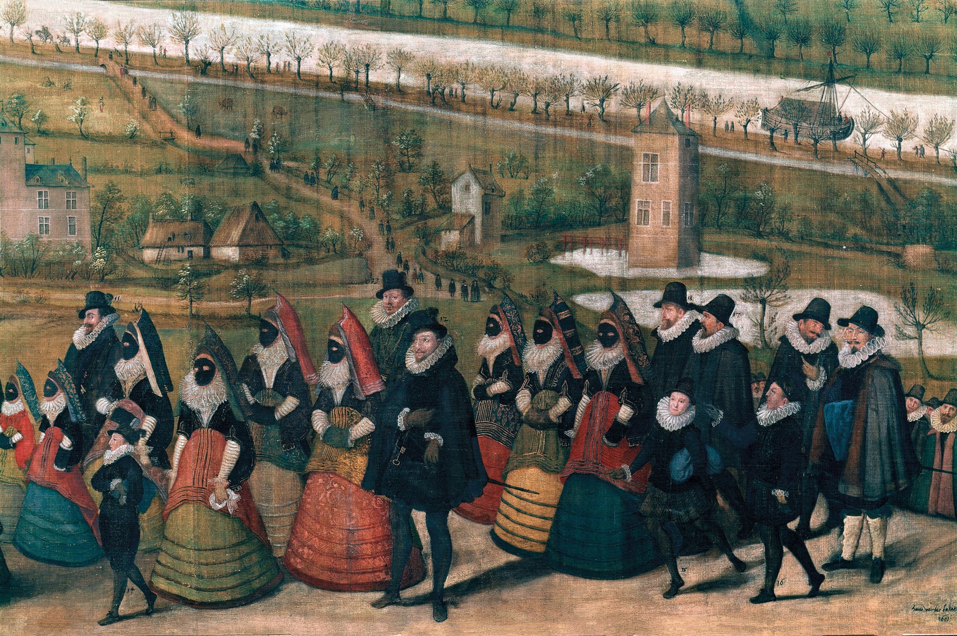 Masked women on a pilgrimage to the sanctuary of Laeken (now part of the city of Brussels) in an anonymous oil painting from 1601.