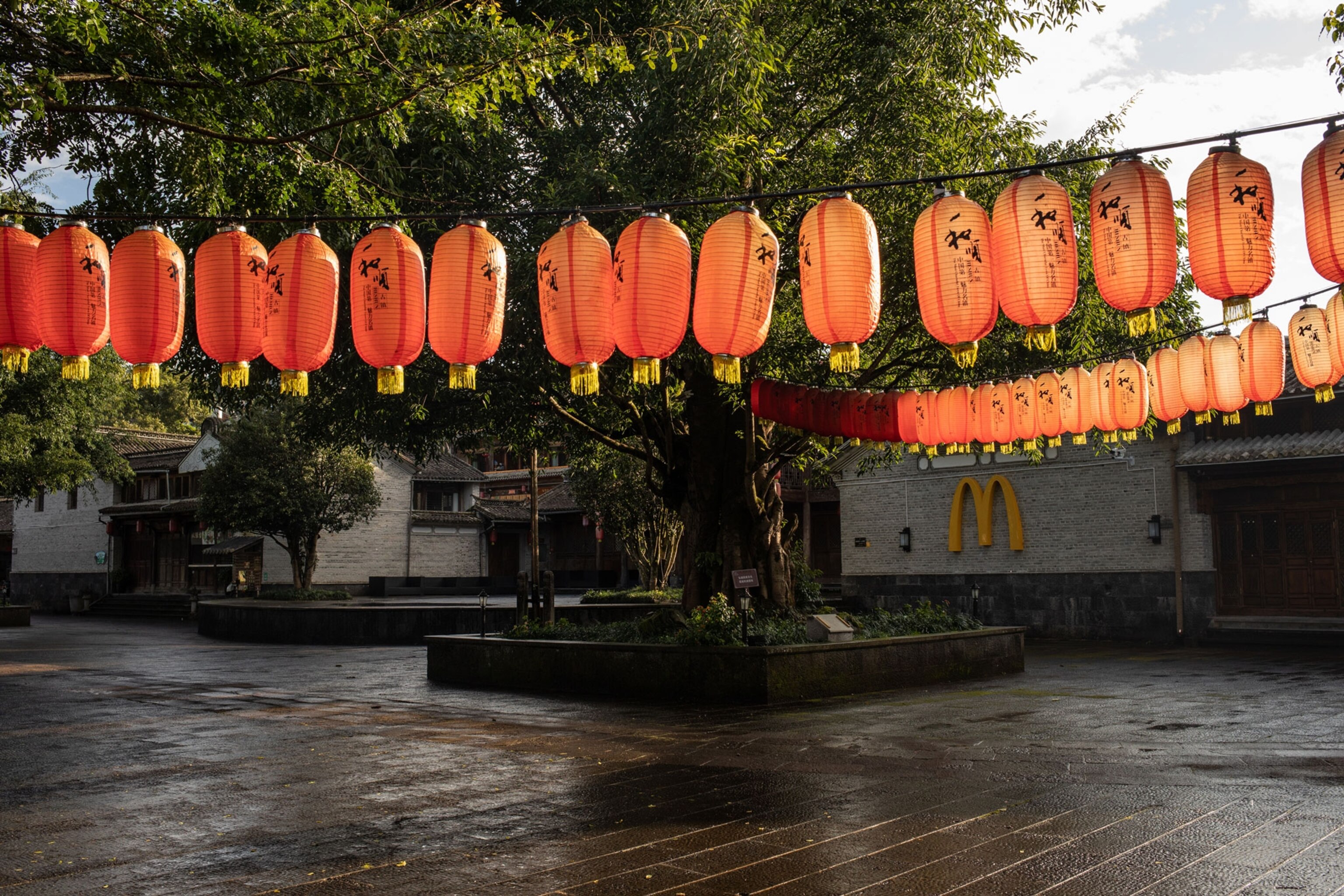photograph of chinese lanterns with McDonalds sign behind.