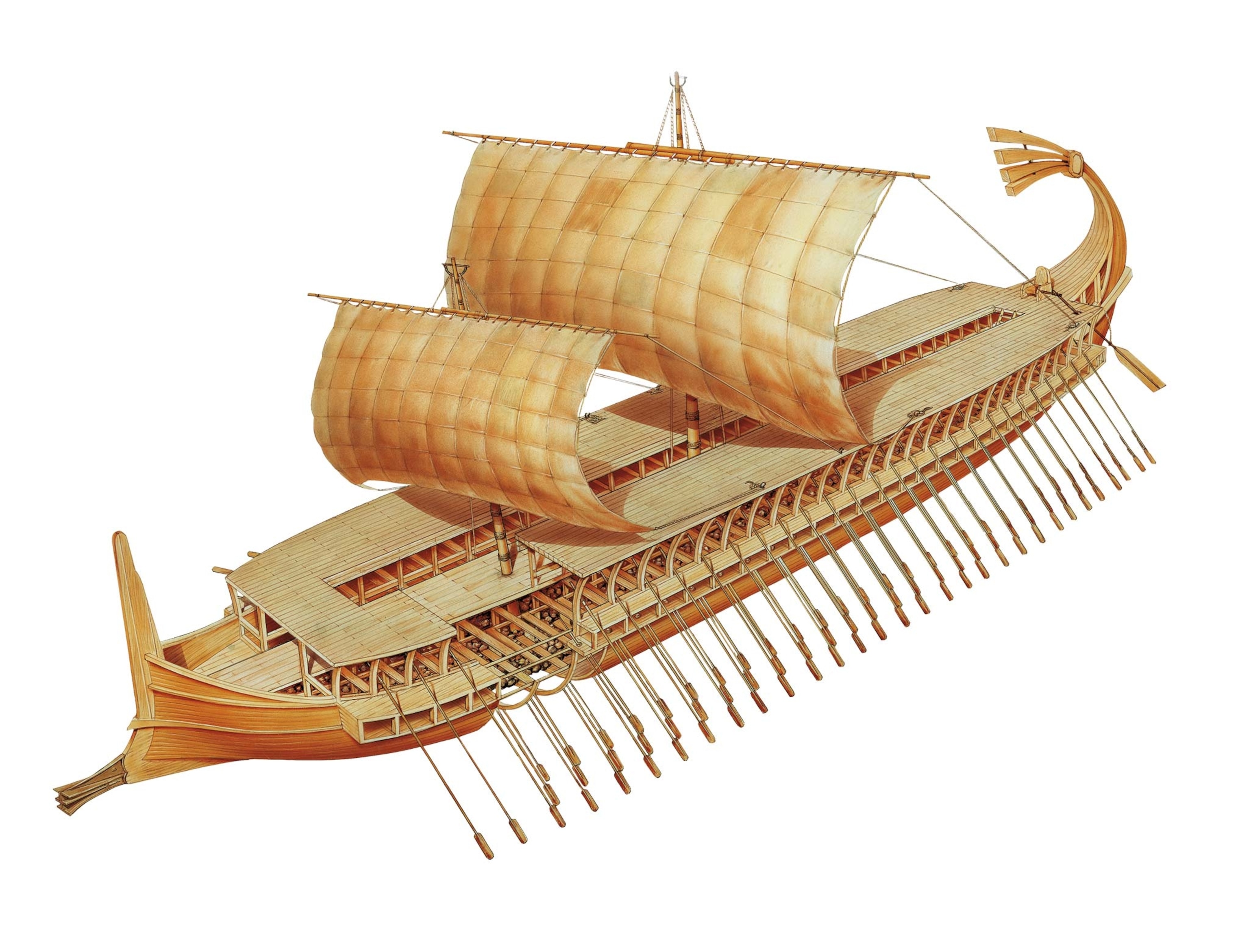 An illustration of the trireme ship and its interior