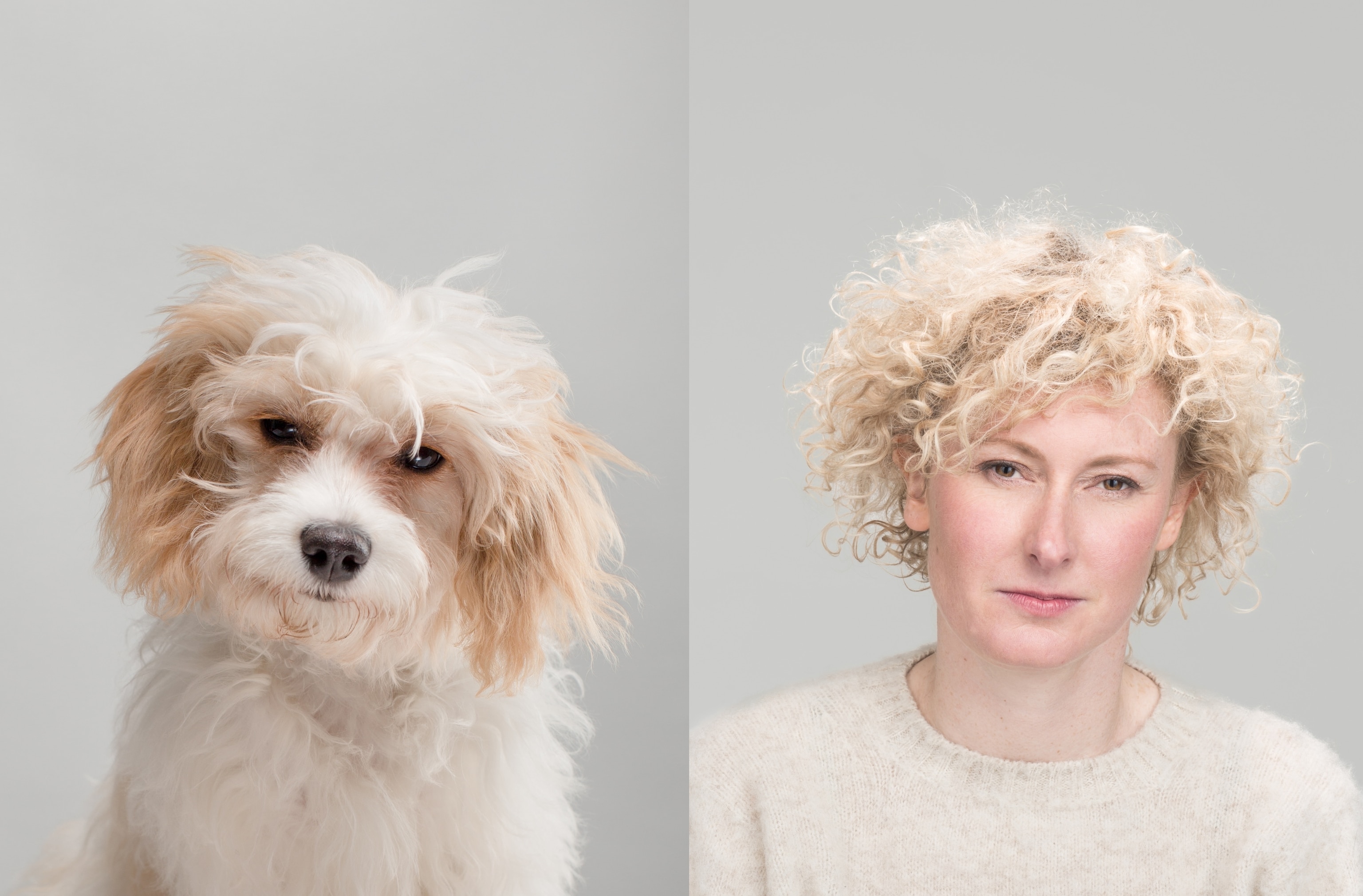 At left, a head-and-shoulders portrait against a grey backdrop of a white-and-tan dog looking into the camera. At left, a similar portrait of a white woman with blonde hair, wearing a beige sweater, against the same backdrop.