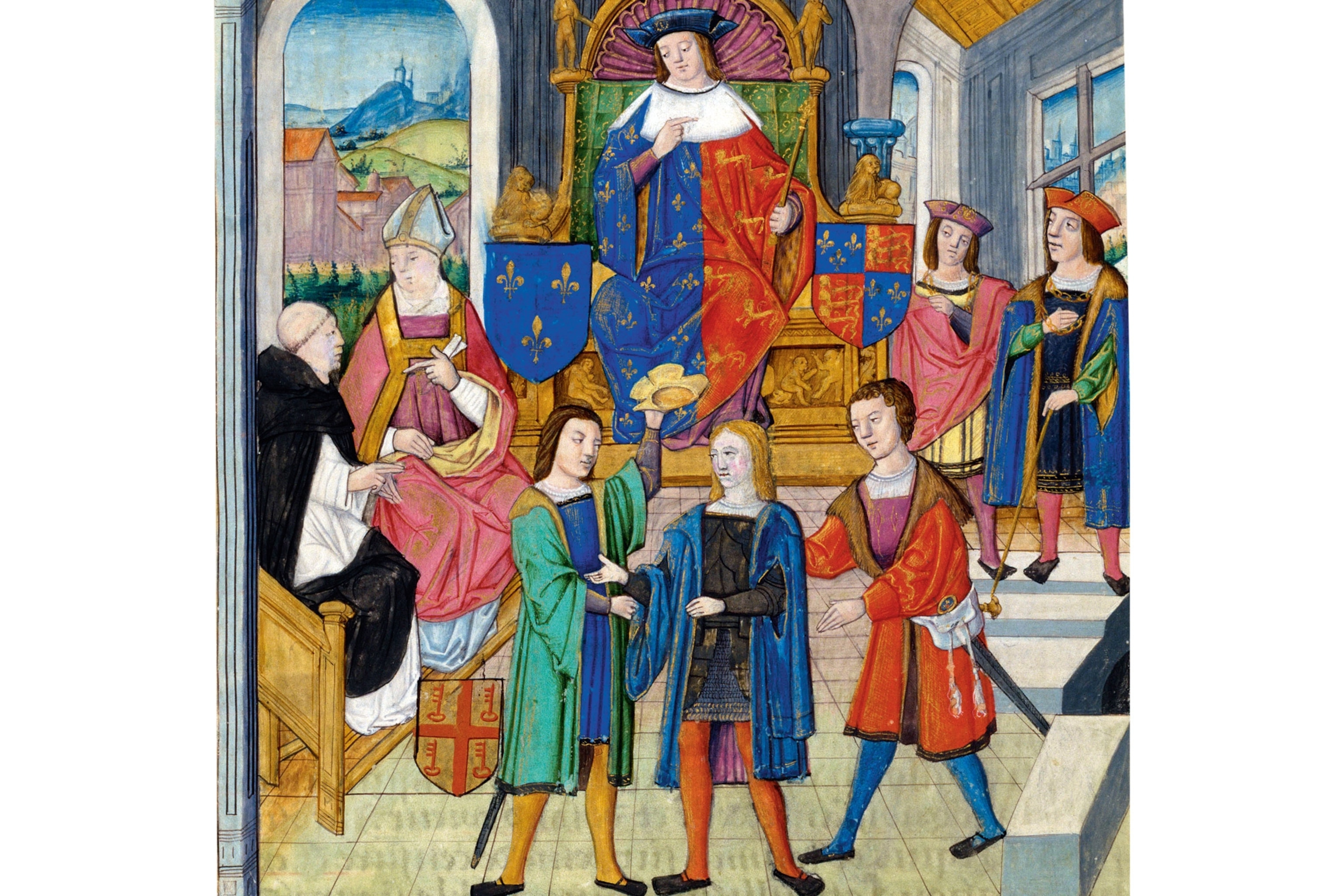 a miniature depicting Joan of Arc testifying at her trial