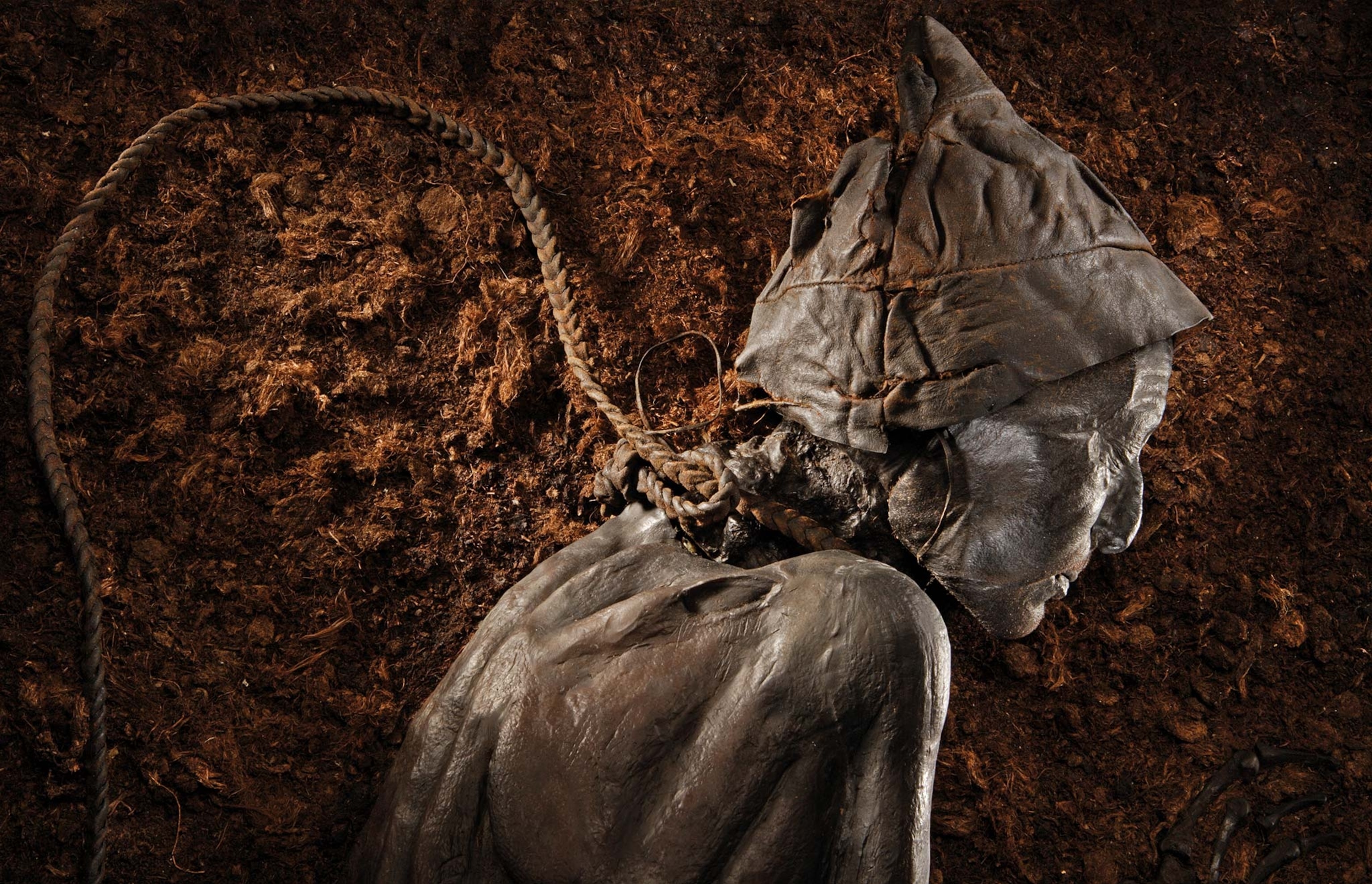 Tollund Man is curled on his side on top of some peat, with the right side of his peaceful face facing the camera
