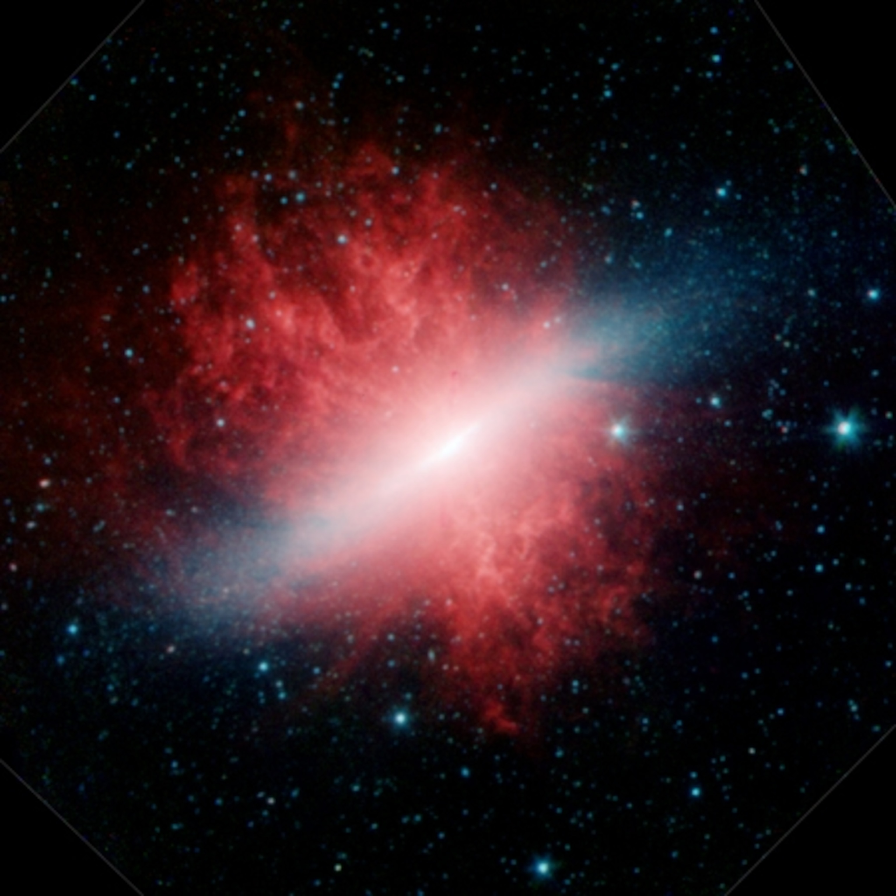 Messier 82 galaxy with blue disk and plumes of hydrogen