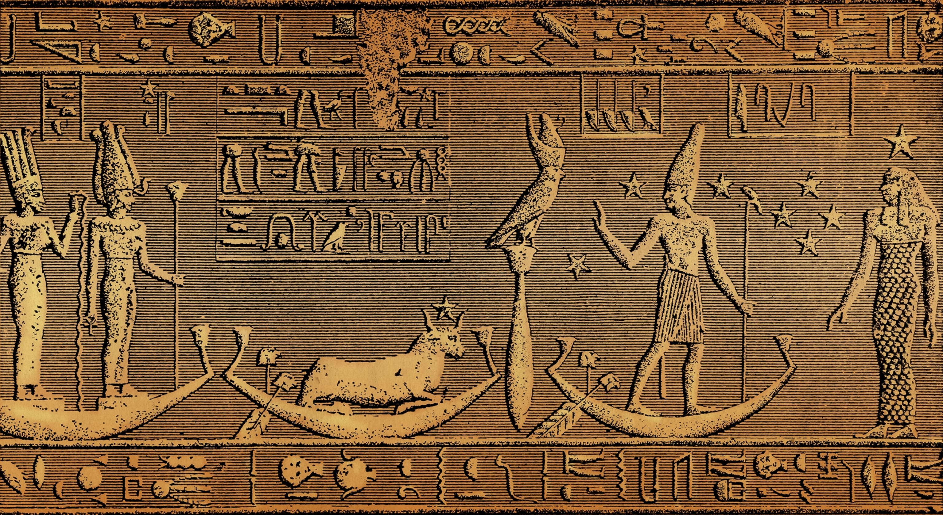 Orion and Sirius on the Dendera zodiac. Sirius is portrayed as a kneeling cow with a star between its horns.