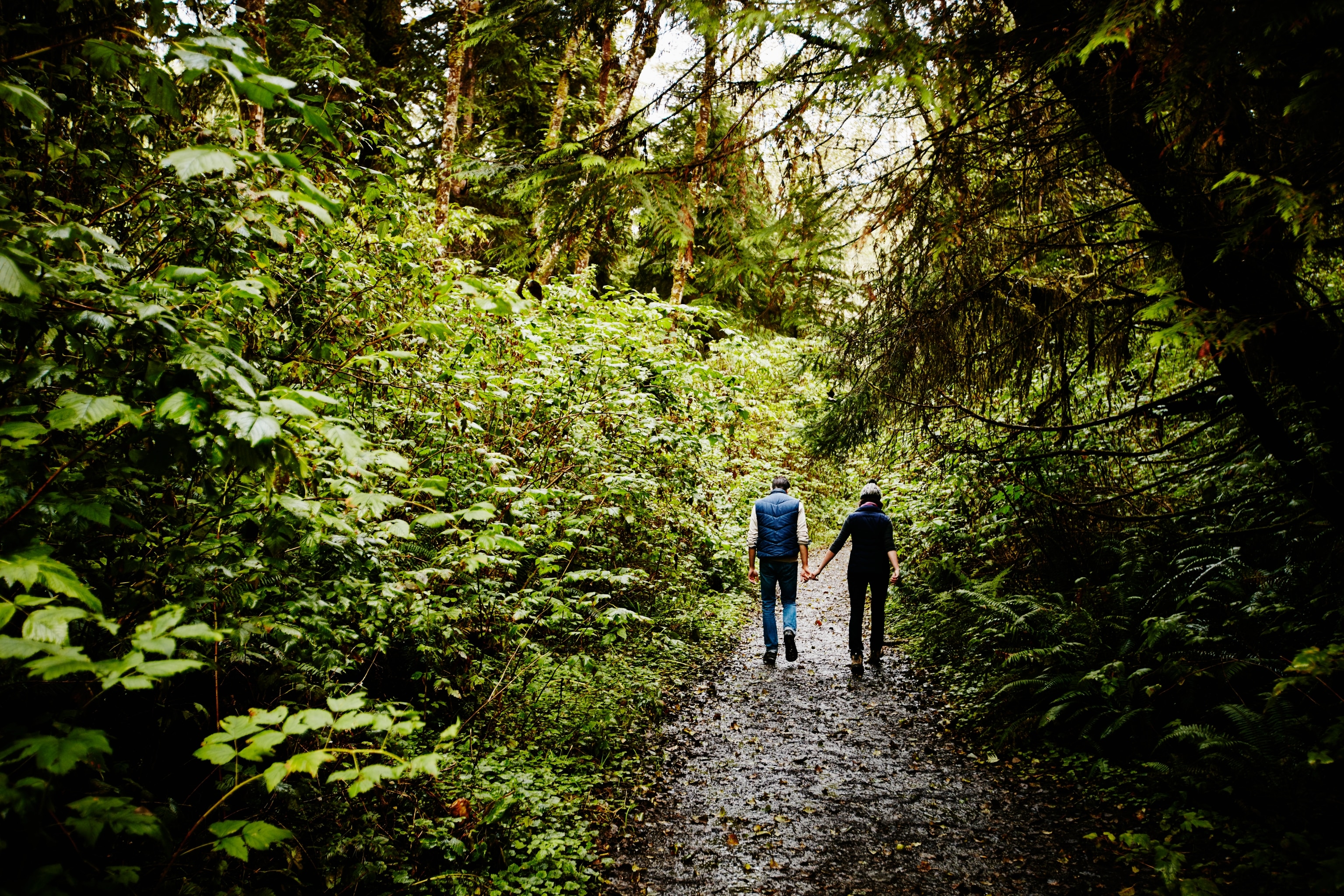 Couple holding hands hiking on a muddy trail through woods in Washington