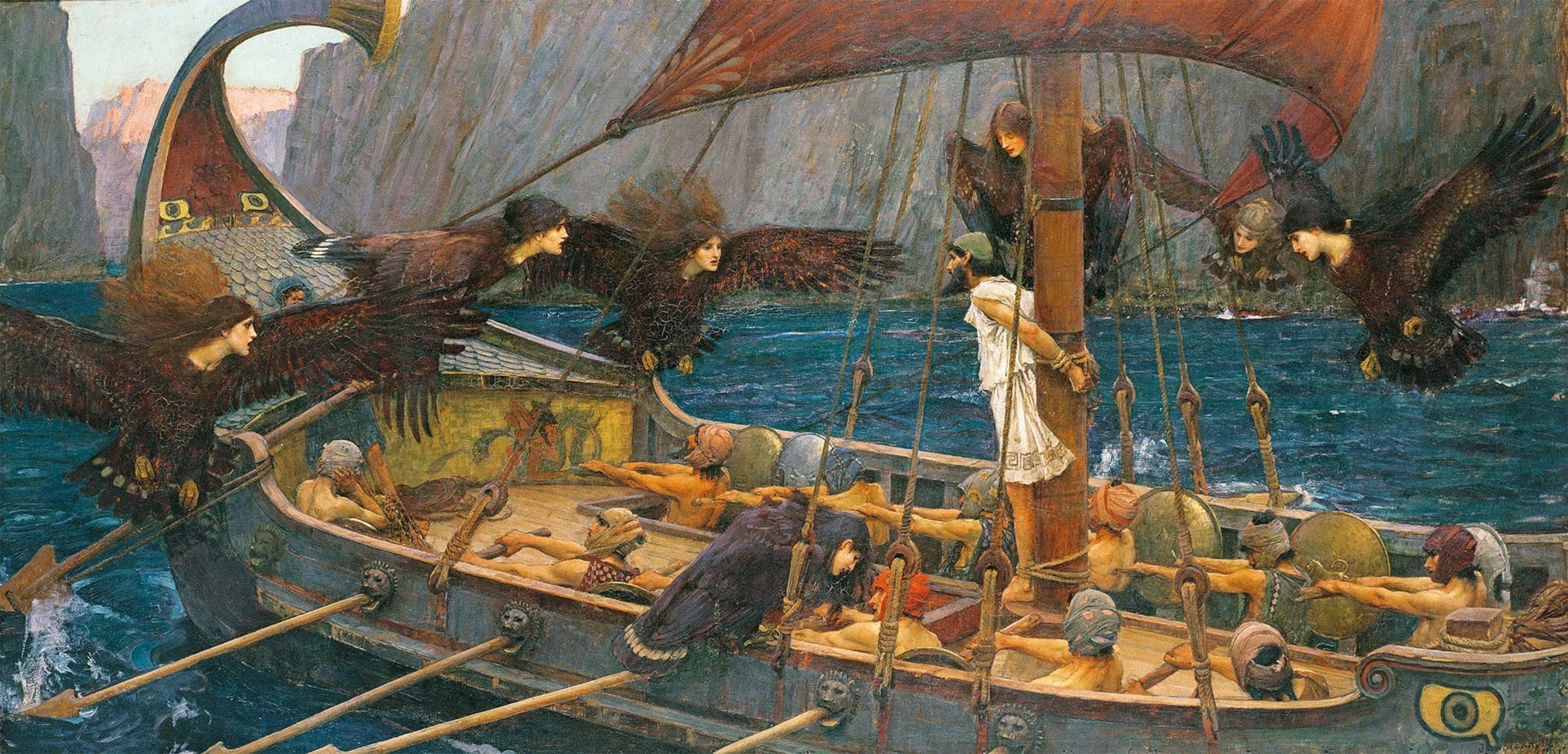 With their irresistible song, the sirens tempt Odysseus in an 1891 oil painting, 1891 by J.W. Waterhouse.
