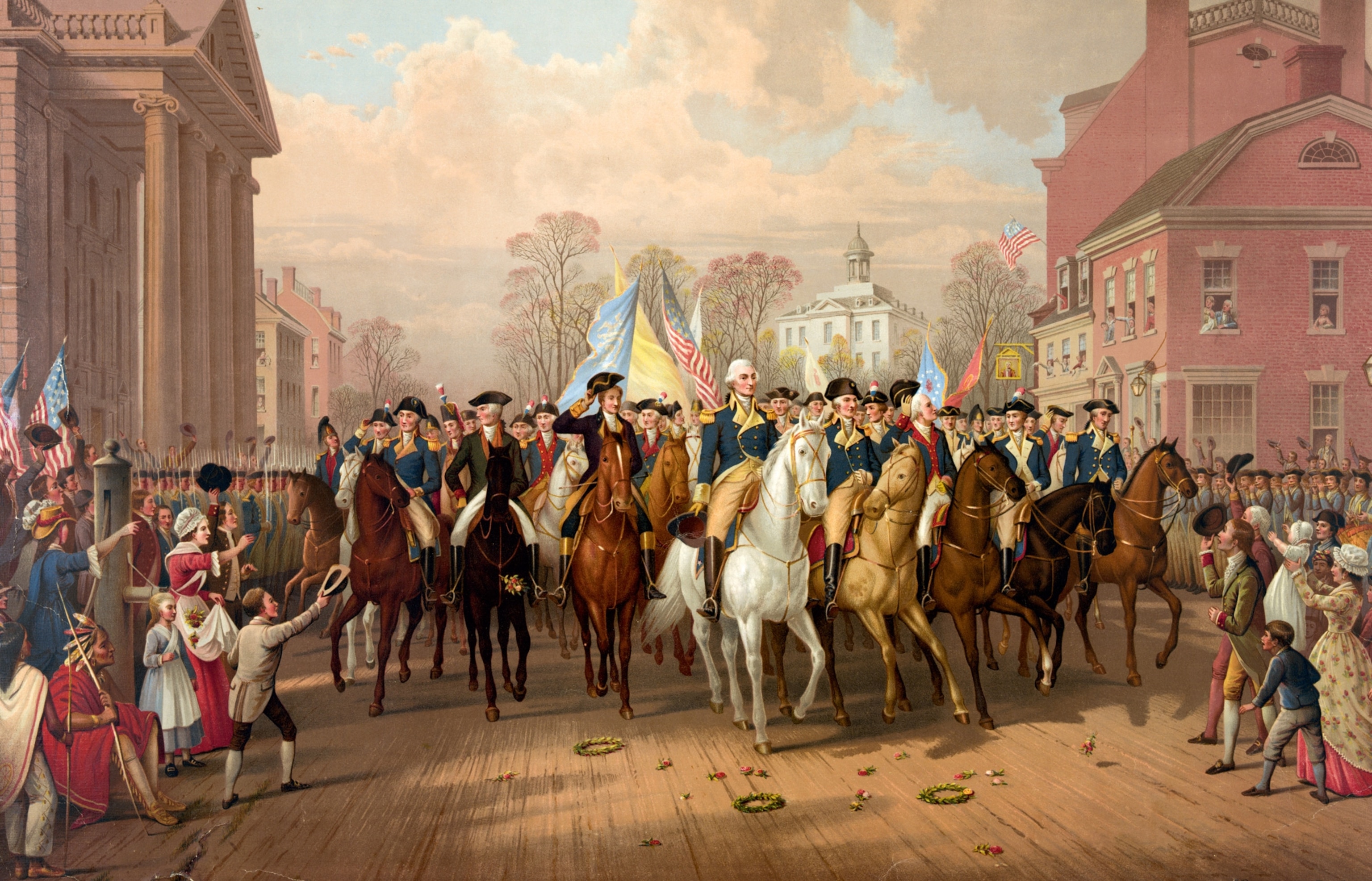 George Washington leading the Continental Army in a triumphal procession in New York