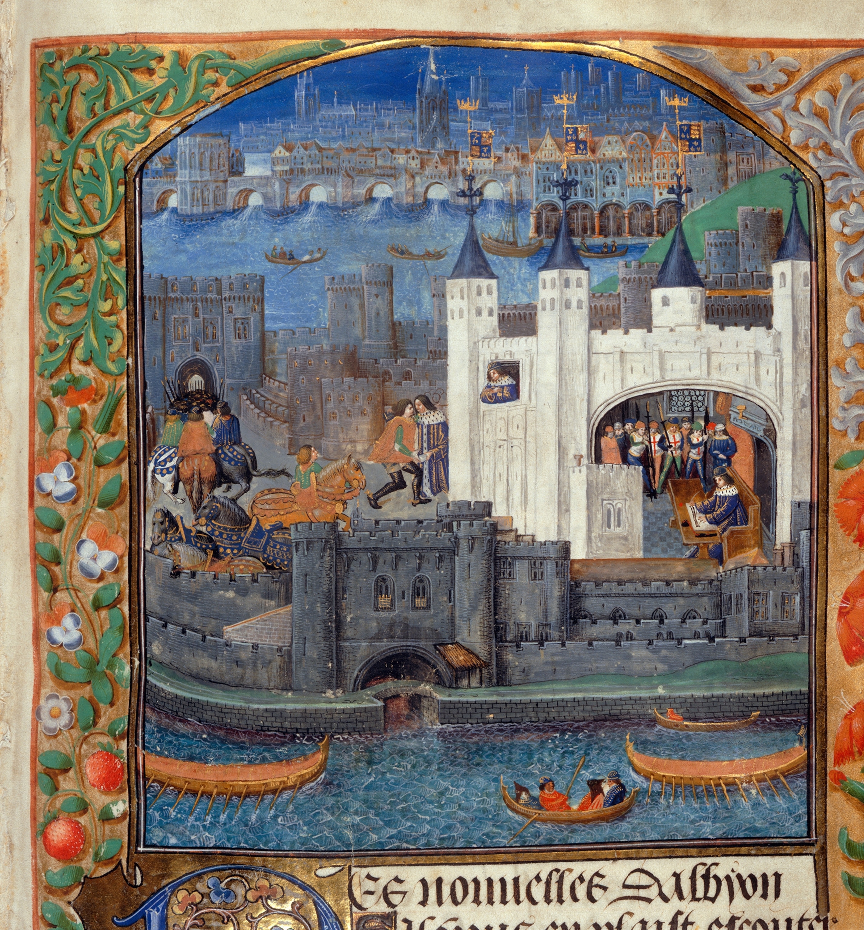 The Tower of London, with London Bridge behind. Charles, Duke of Orleans, seen writing, standing at a window and dispatching a letter in the courtyard.