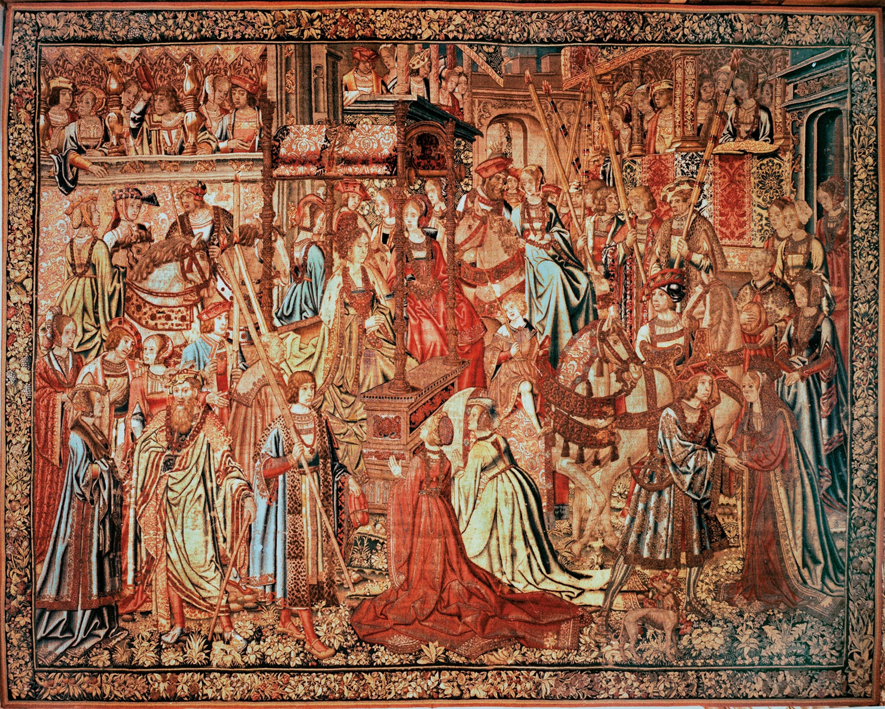 This 16th-century Flemish tapestry depicts several scenes from a French version of the Swan Knight tale. The knight’s mother, Beatrice, is shown at the center.
