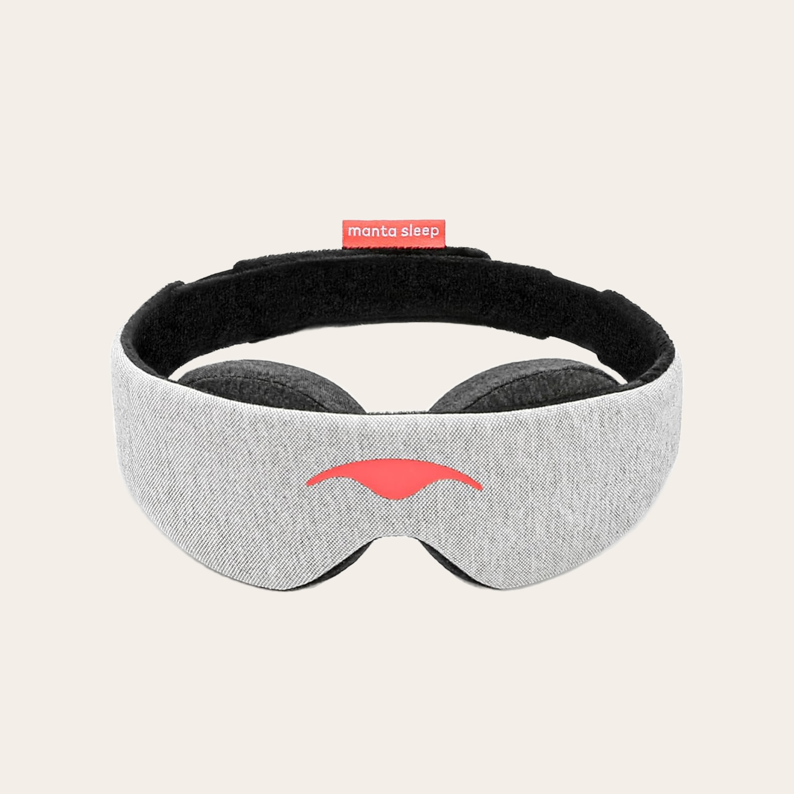 A grey mask with a a red logo on black fabric on the inside.