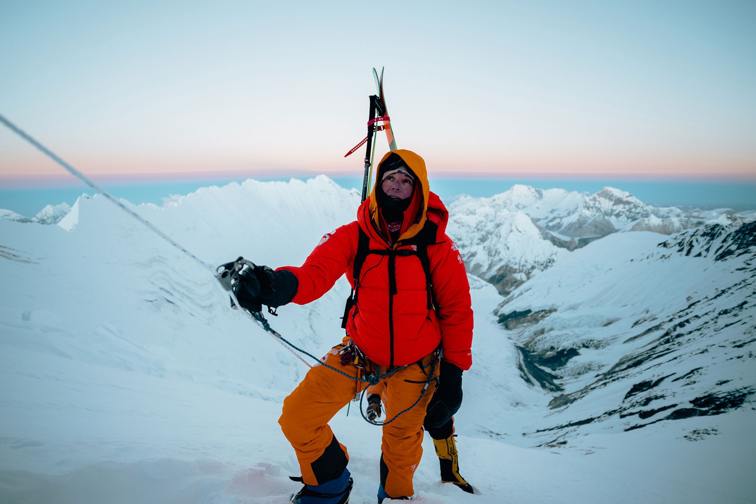 Hilaree Nelson and Jim Morrison climbing skiing down Lhotse in Nepal