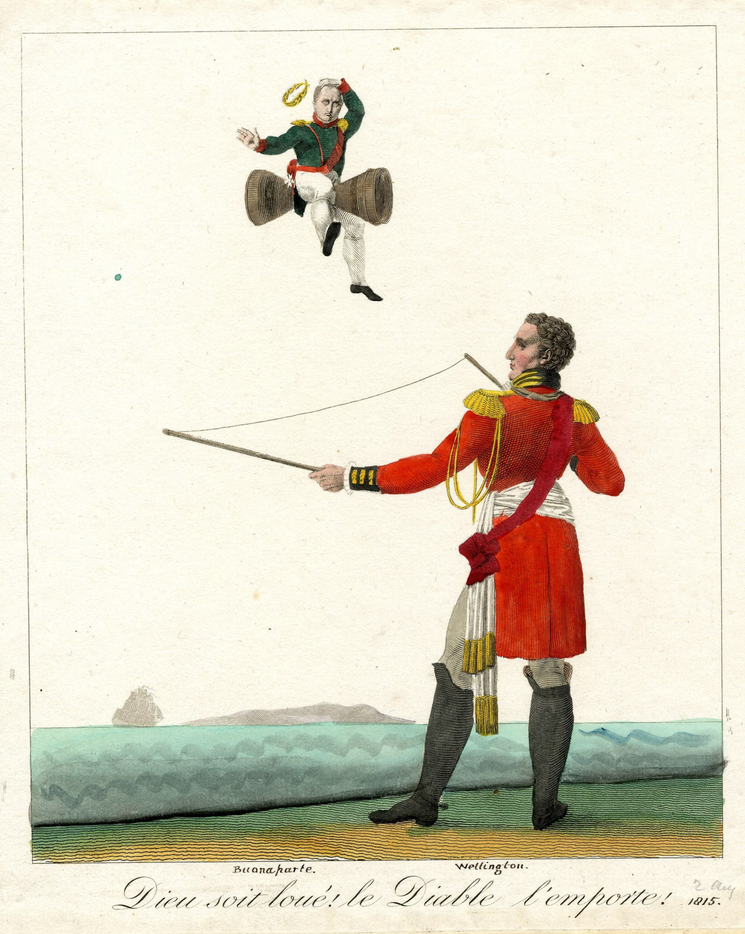 A small Napolean is being tossed int he air by string.