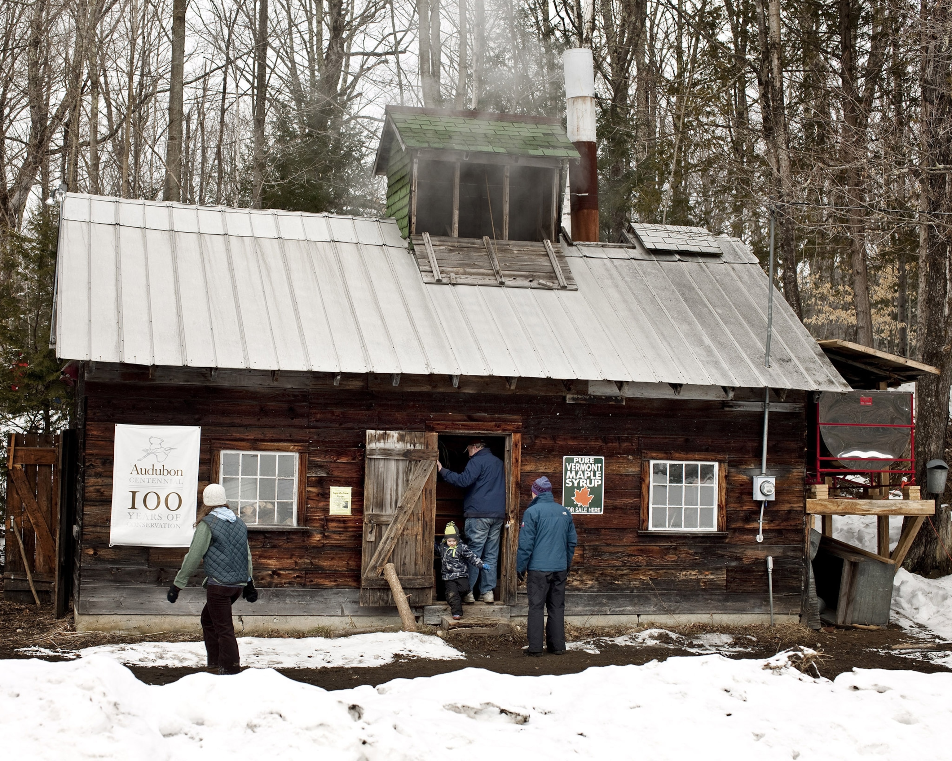 Harvesting maple syrup at the Green Mountain Audubon Center in Huntington, Vermont. Vermont produces nearly half of the nation's supply.