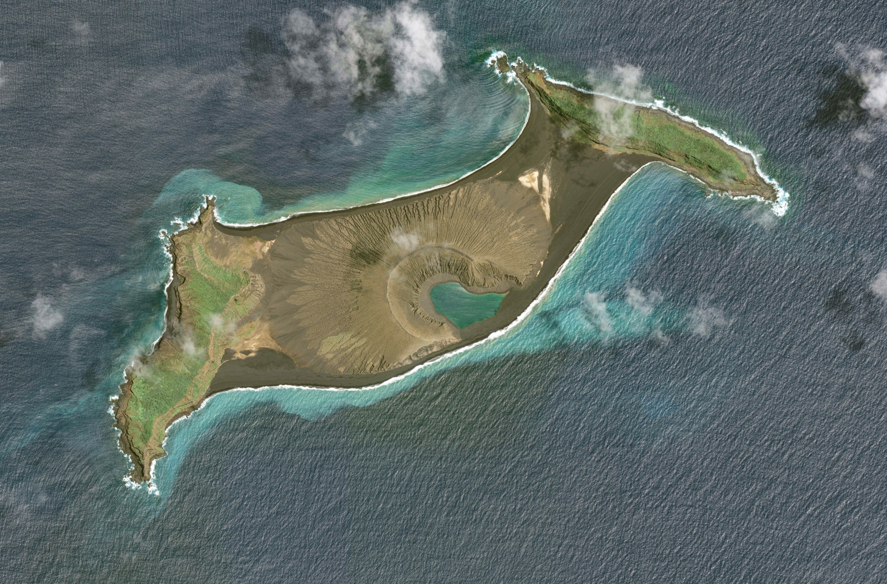 A Maxar overview satellite image shows the Hunga Tonga-Hunga Ha'apai volcano on December 12, 2021, before the eruption on January 14th , 2022 in Hunga Tonga-Hunga Ha'apai Islands, Tonga.