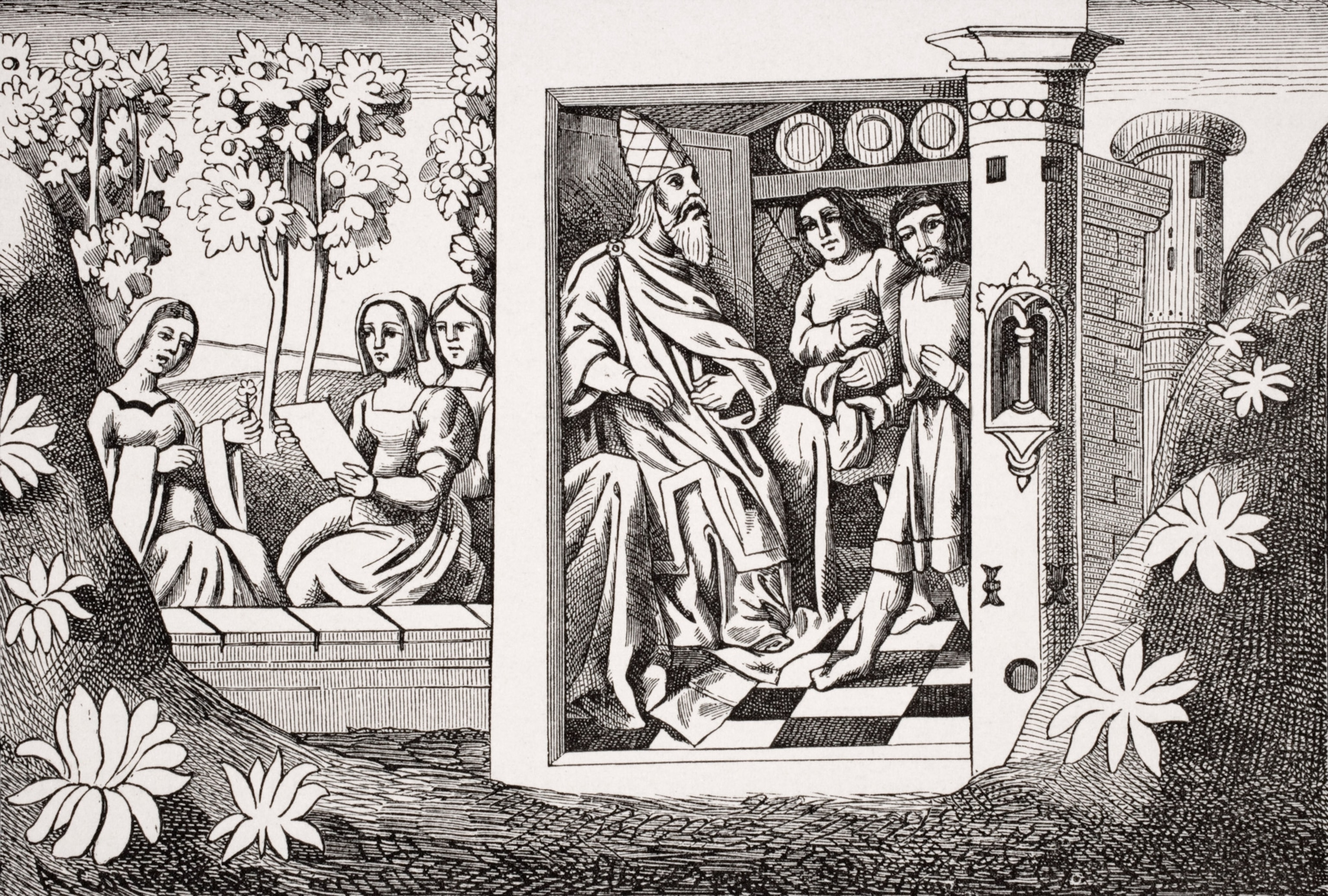 A drawing of a man in a room talking to two other men