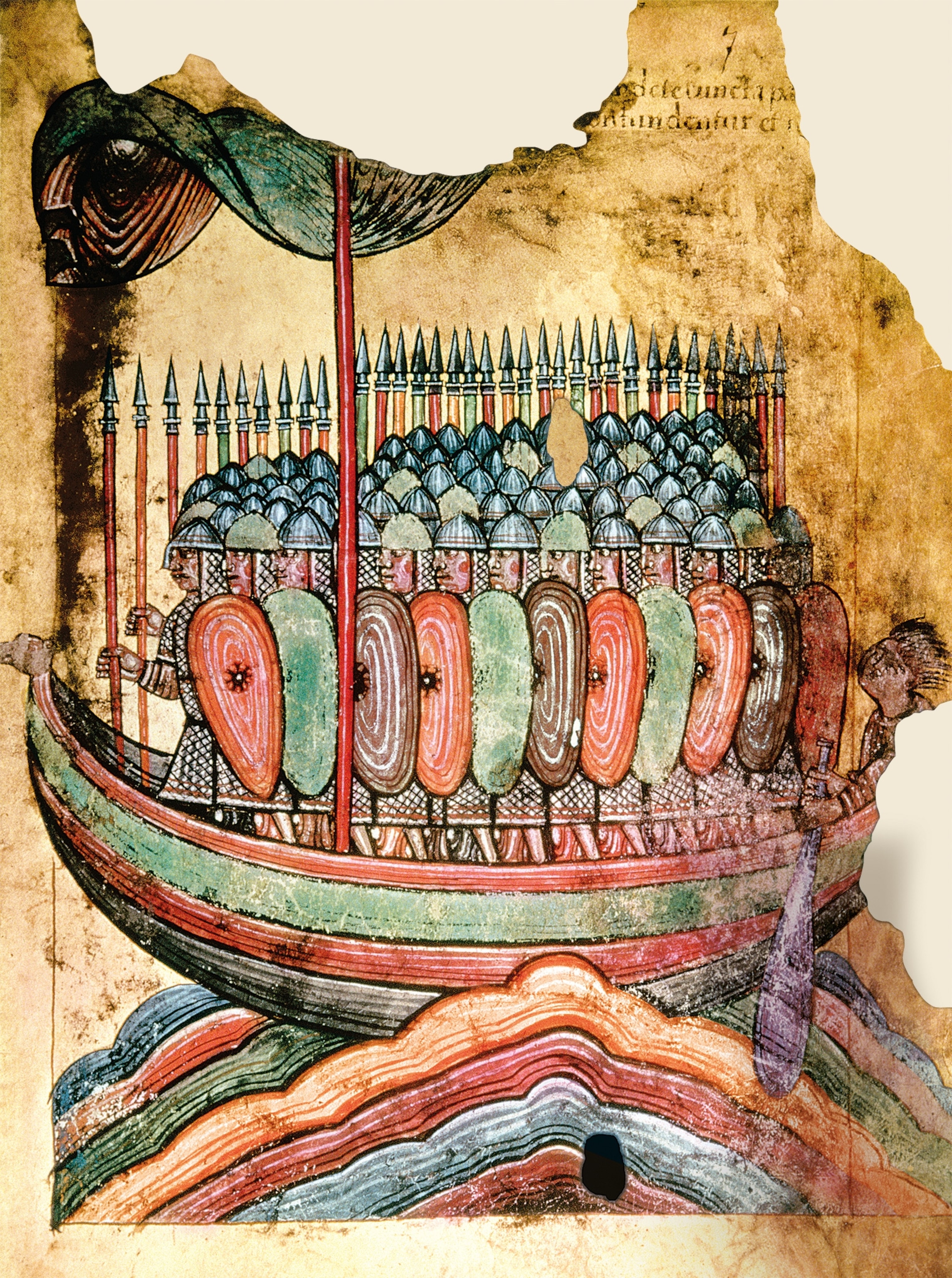 Viking warriors disembark at Guérande on the coast of Brittany in a.d. 919, in a French illuminated manuscript circa 1100.