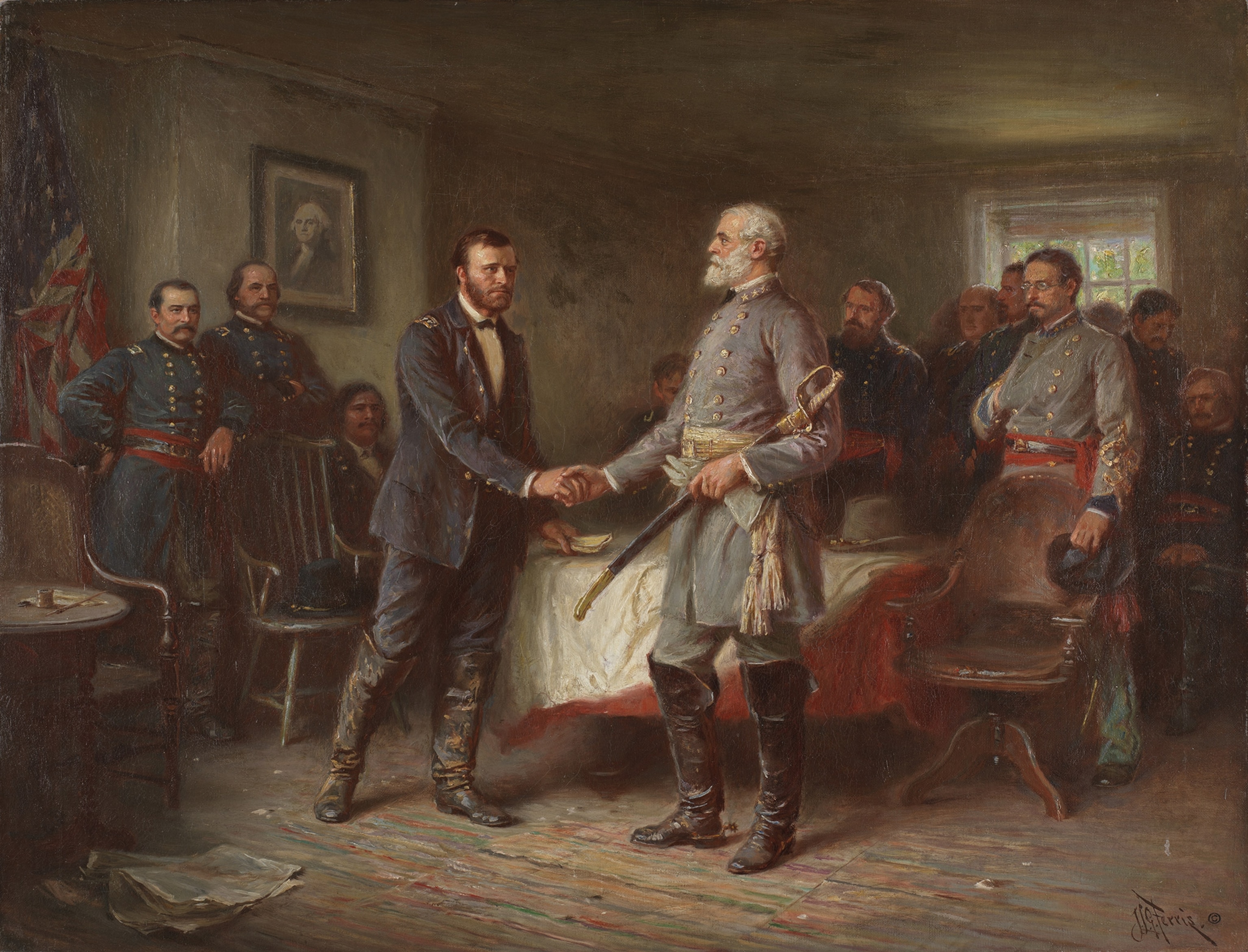 Men stand in Confederate and Union uniforms shaking hands.