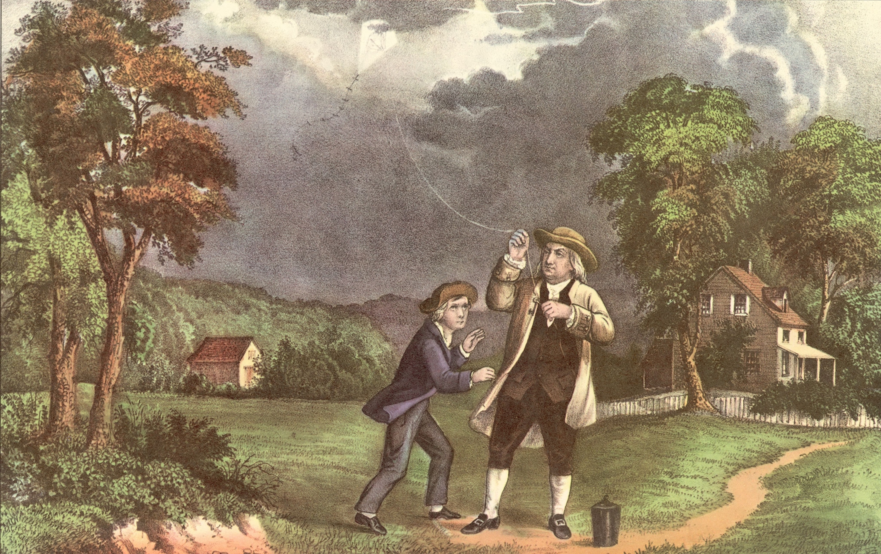 ithograph of Benjamin Franklin and his son William using a kite and key during a storm to prove that lightning was electricity