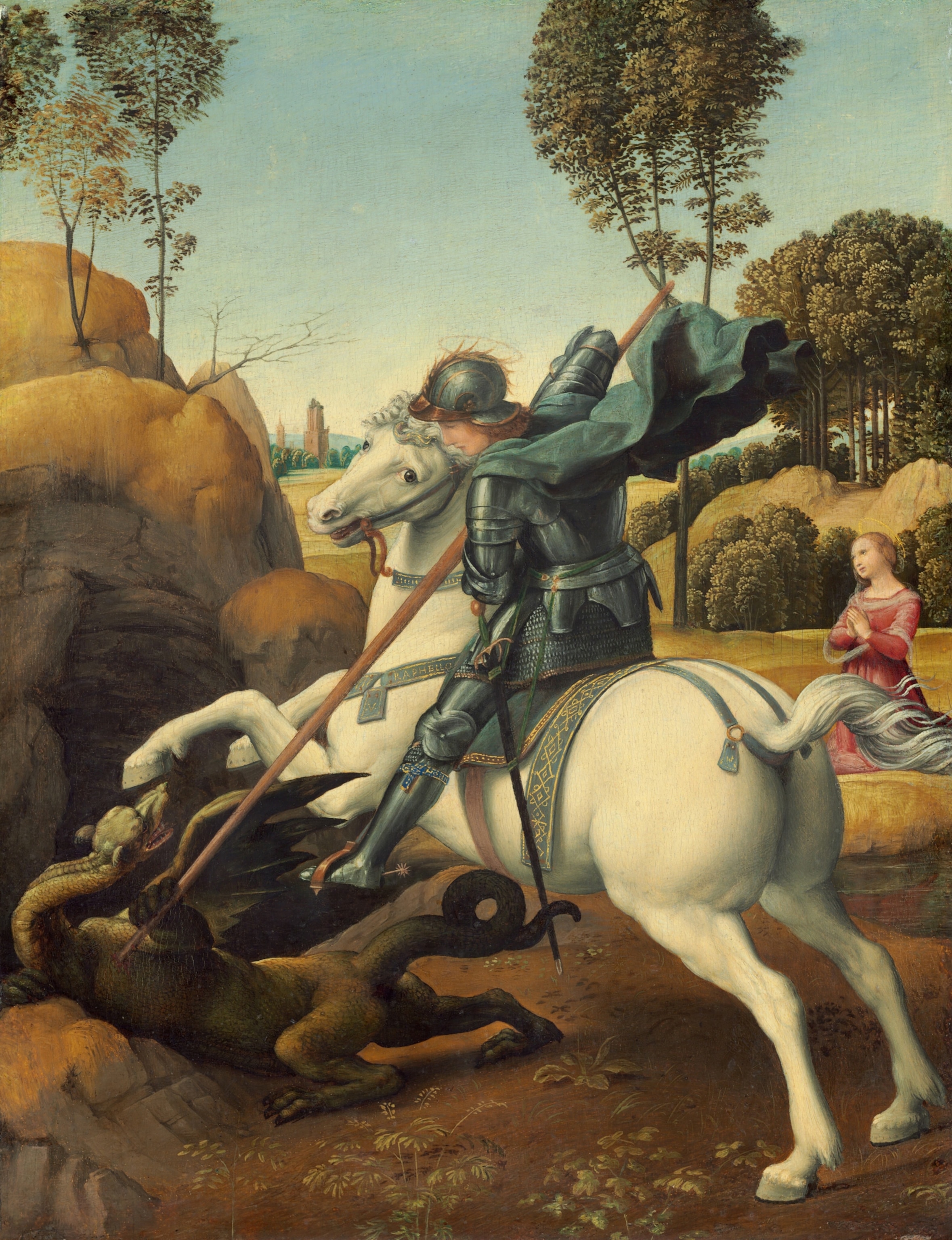 A painting of Saint George in armor atop a white horse as he pierces a dragon with a lance.
