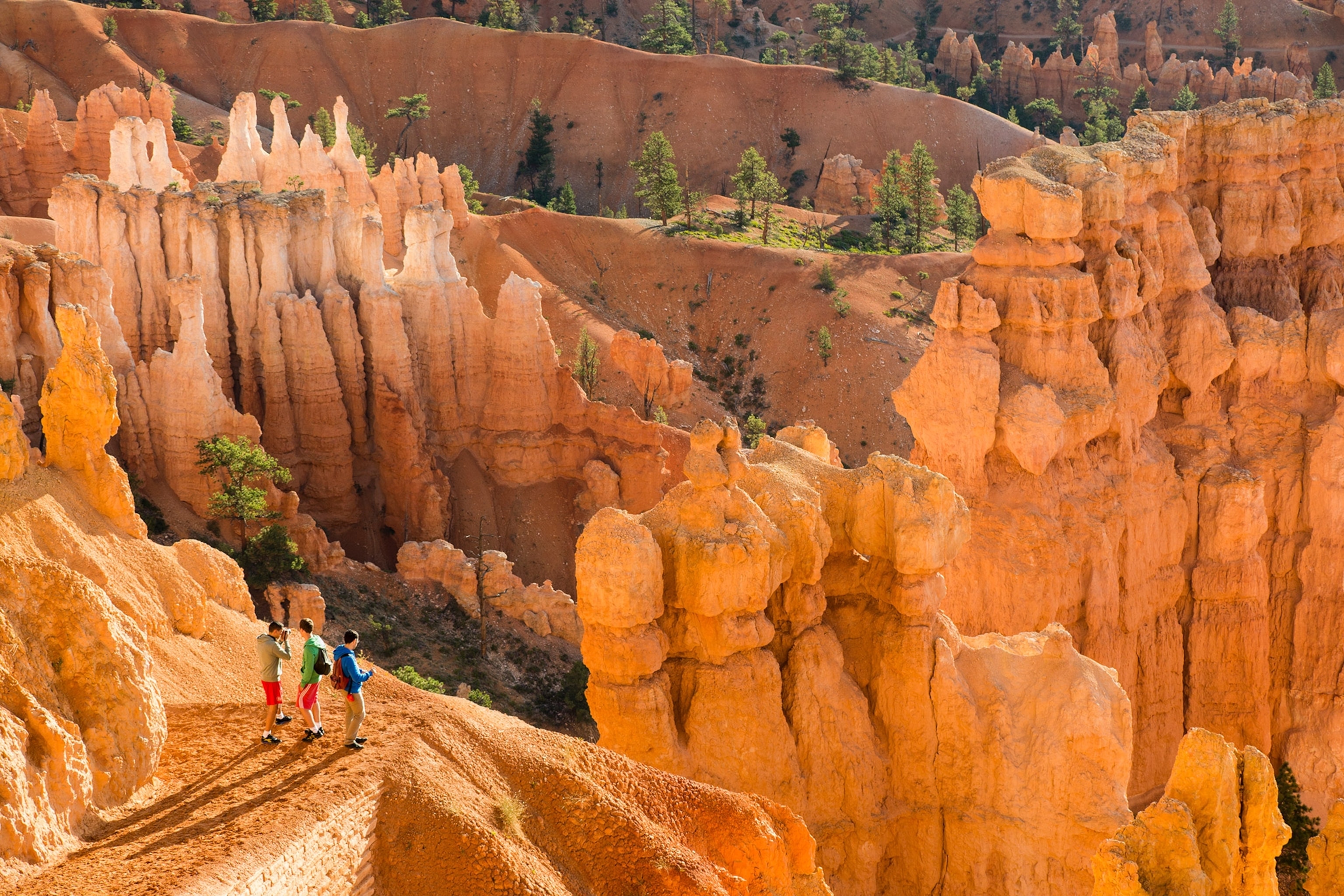 tourists amid hoodoos at sunrise in Bryce Canyon National Park in Utah