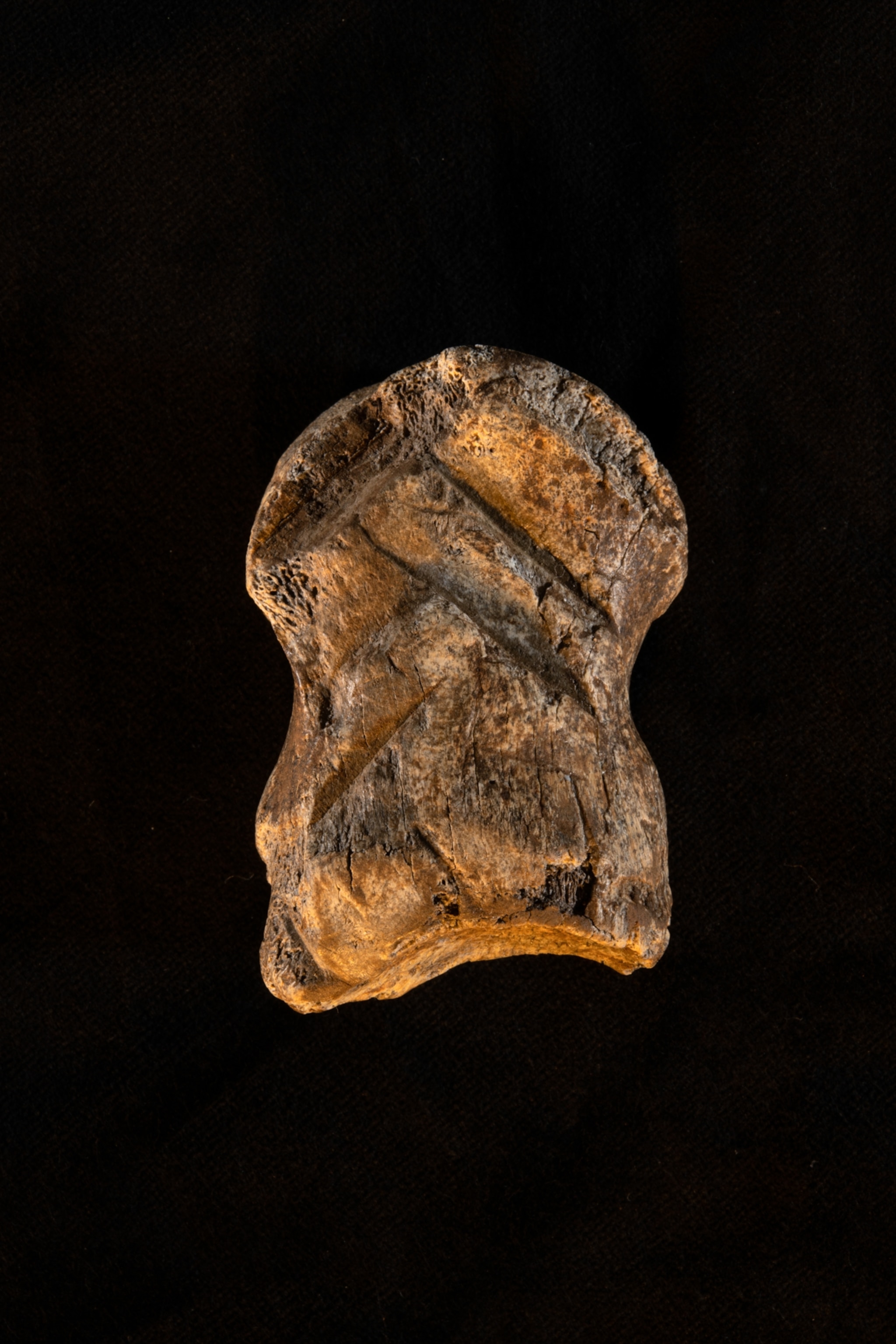A piece of deer bone carved with slanted lines