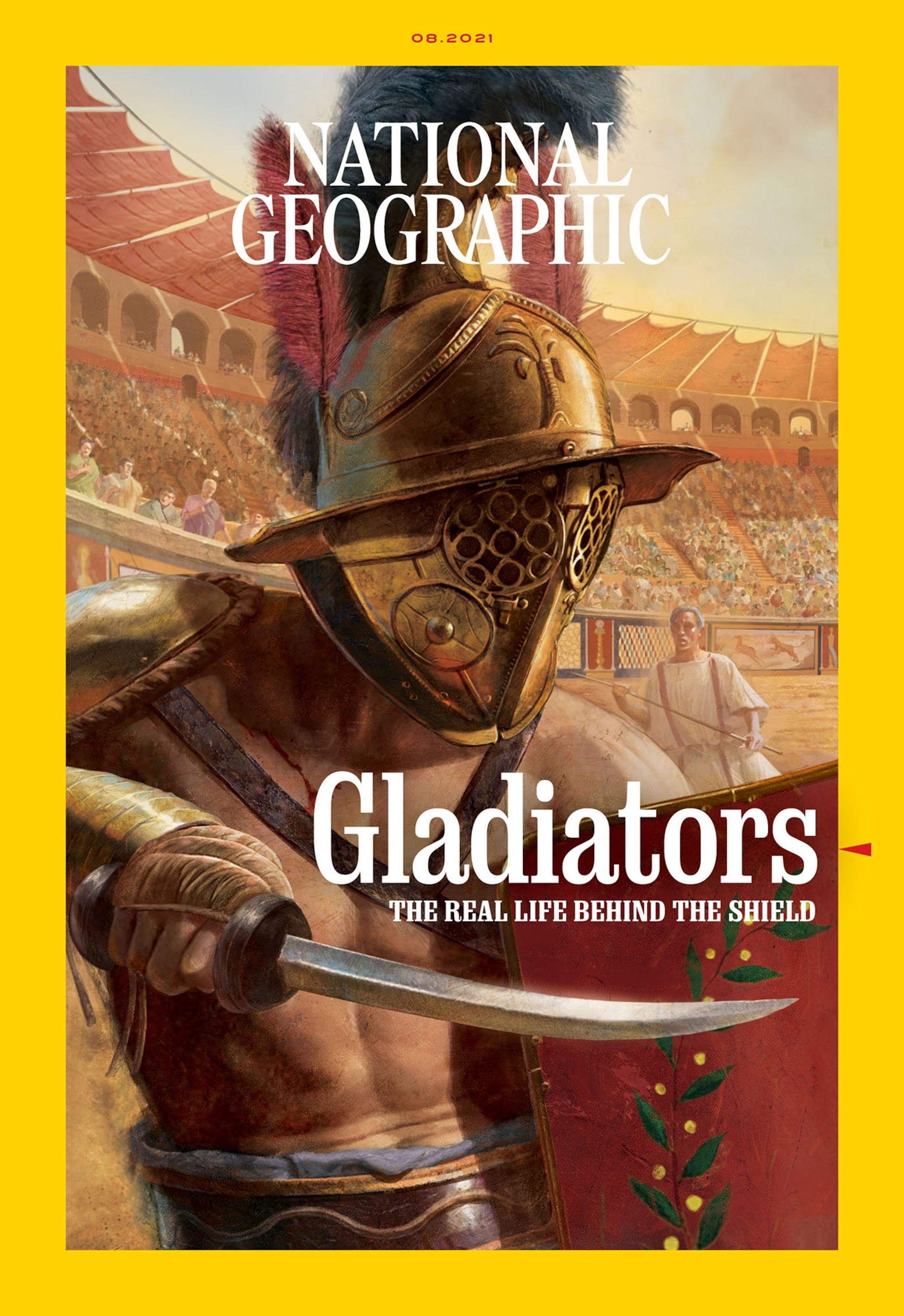 illustration of a gladiator wearing an elaborate gold helmet holding a sword and shield in an arena surrounded by a yellow border