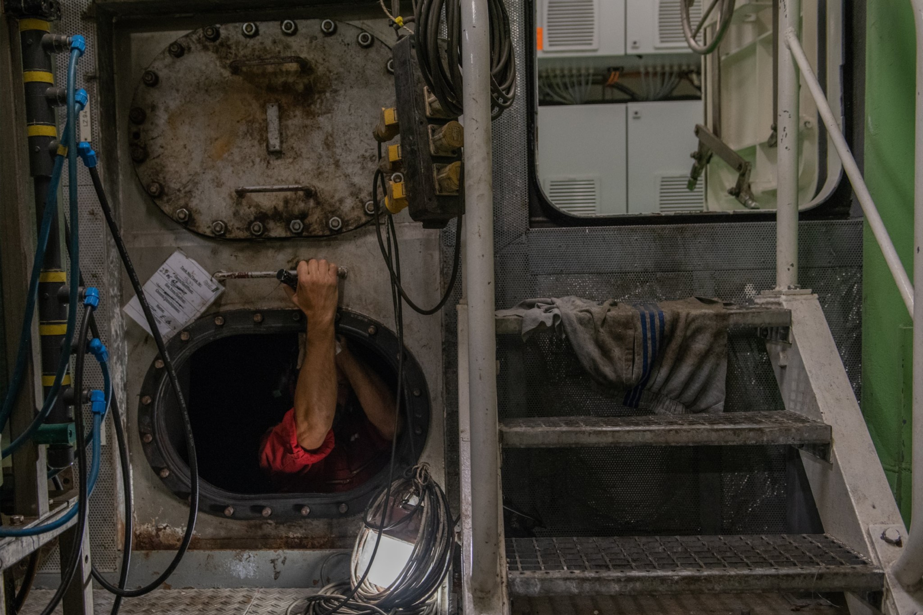 maintenance being preformed in the fuel room of the icebreaker polarstern