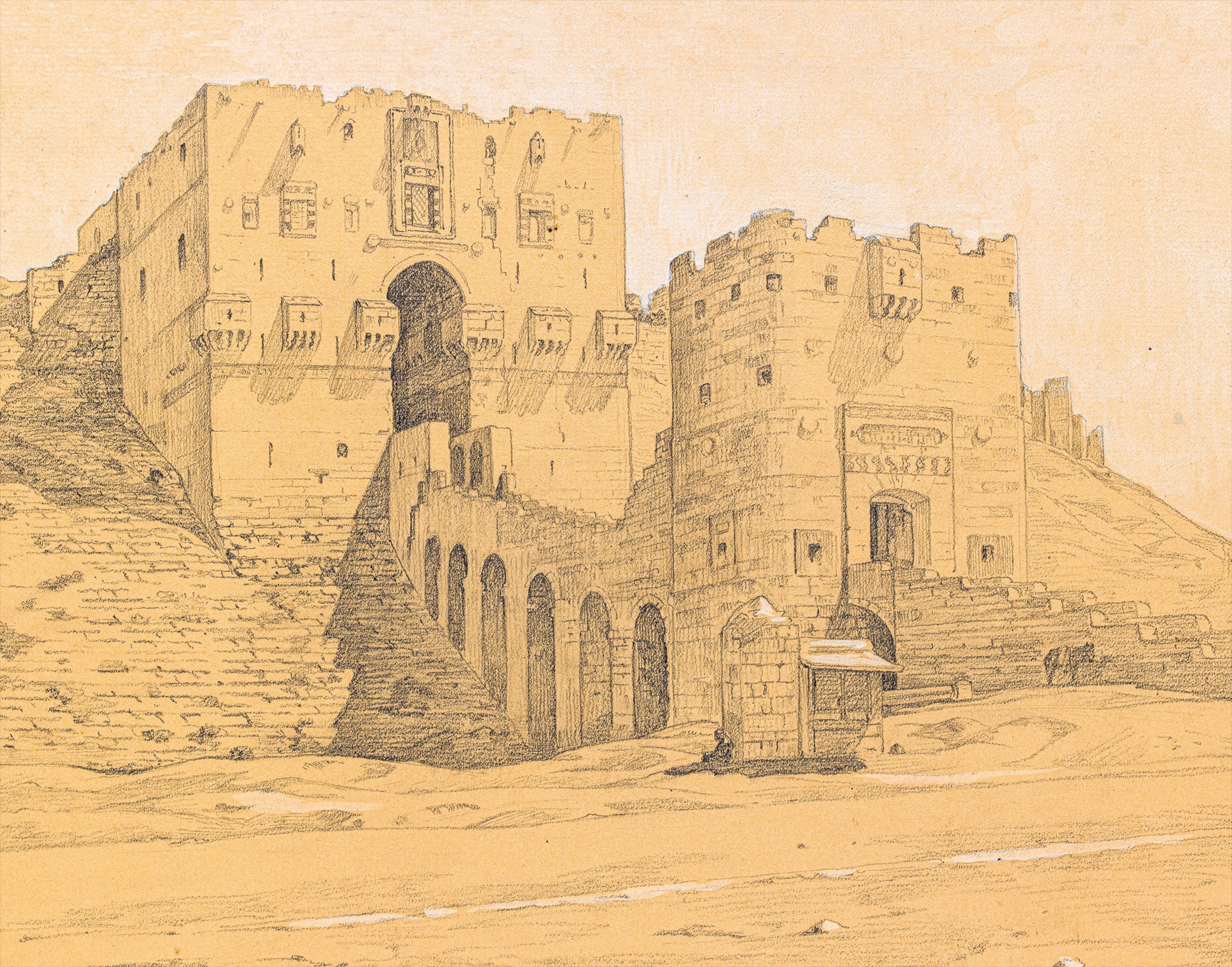 A tan illustration of a 12th-century castle
