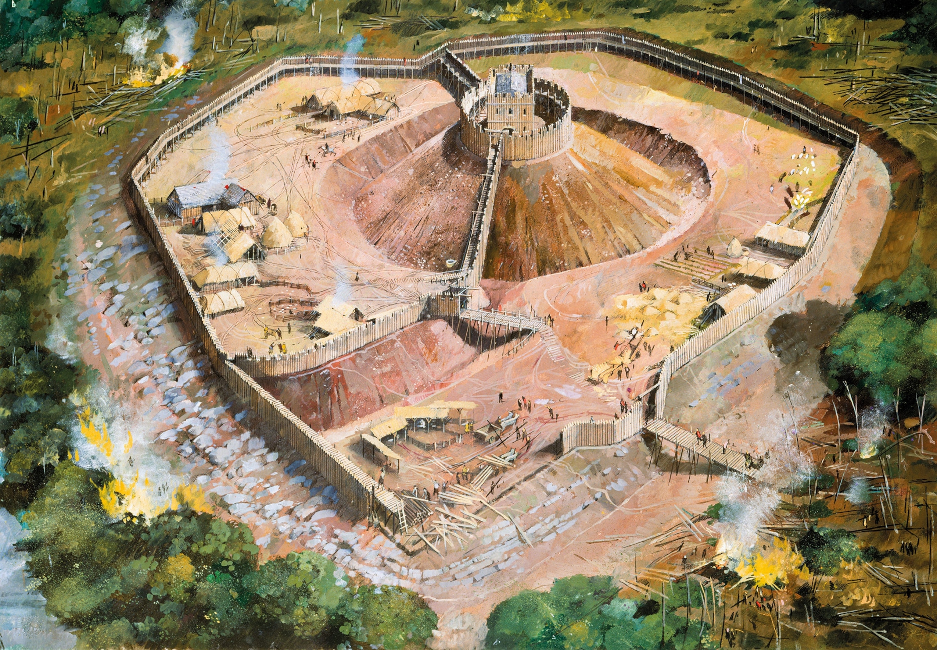 An illustrated recreation of a 13th-century stone fortress in England