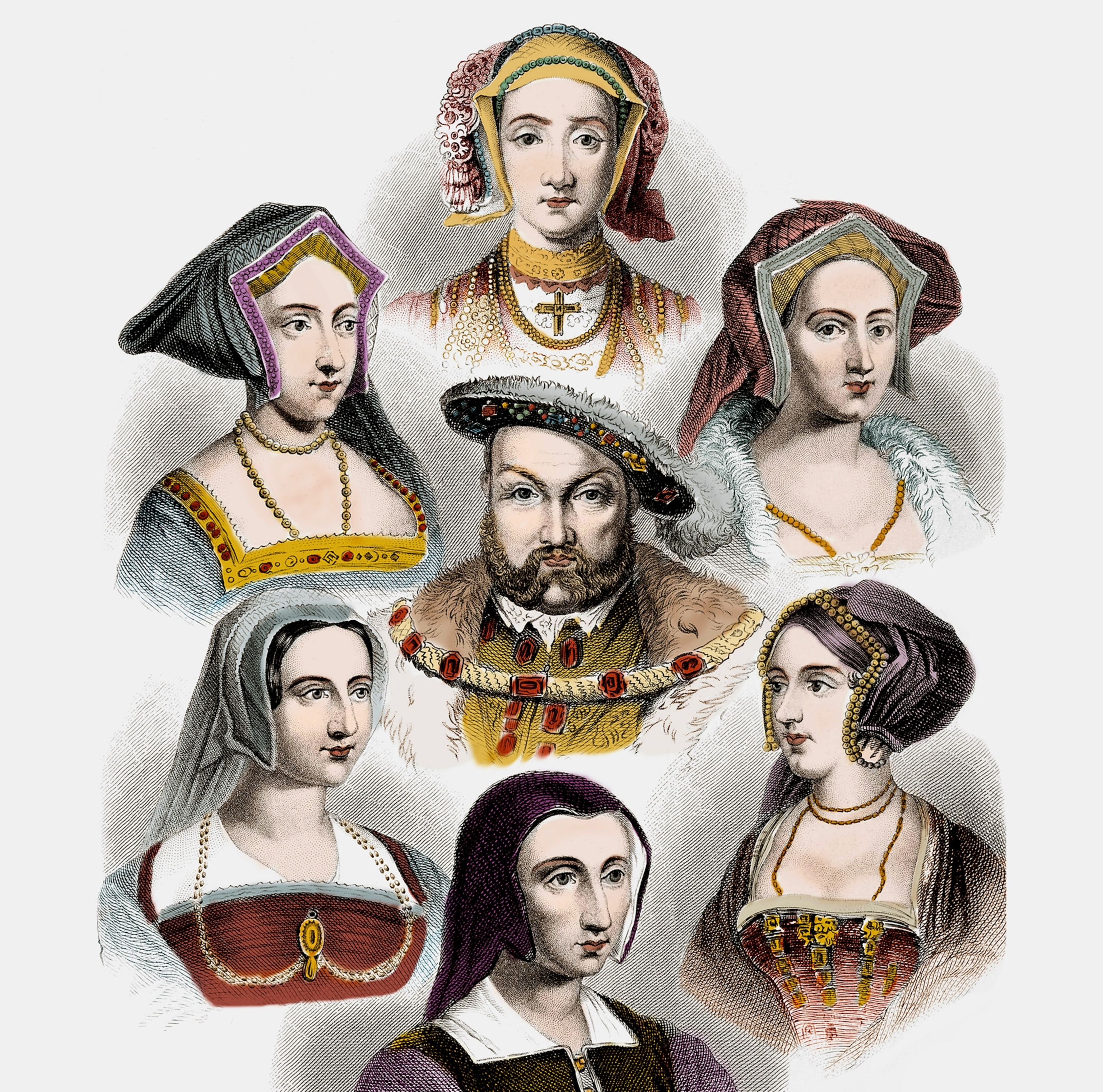 King Henry VIII of England is surrounded by his 6 wives, including Anne of Cleves, Jane Seymour, Catherine Parr, Catherine Howard, Anne Boleyn, and Catherine of Aragon, in an illustration.