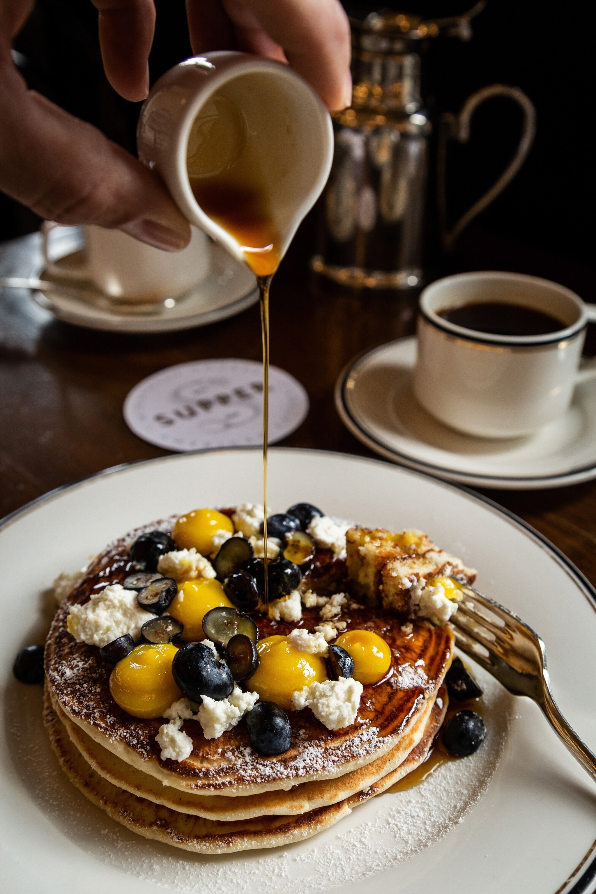 Buttermilk pancakes, fruit and ricotta at Supper, Hotel Emma.