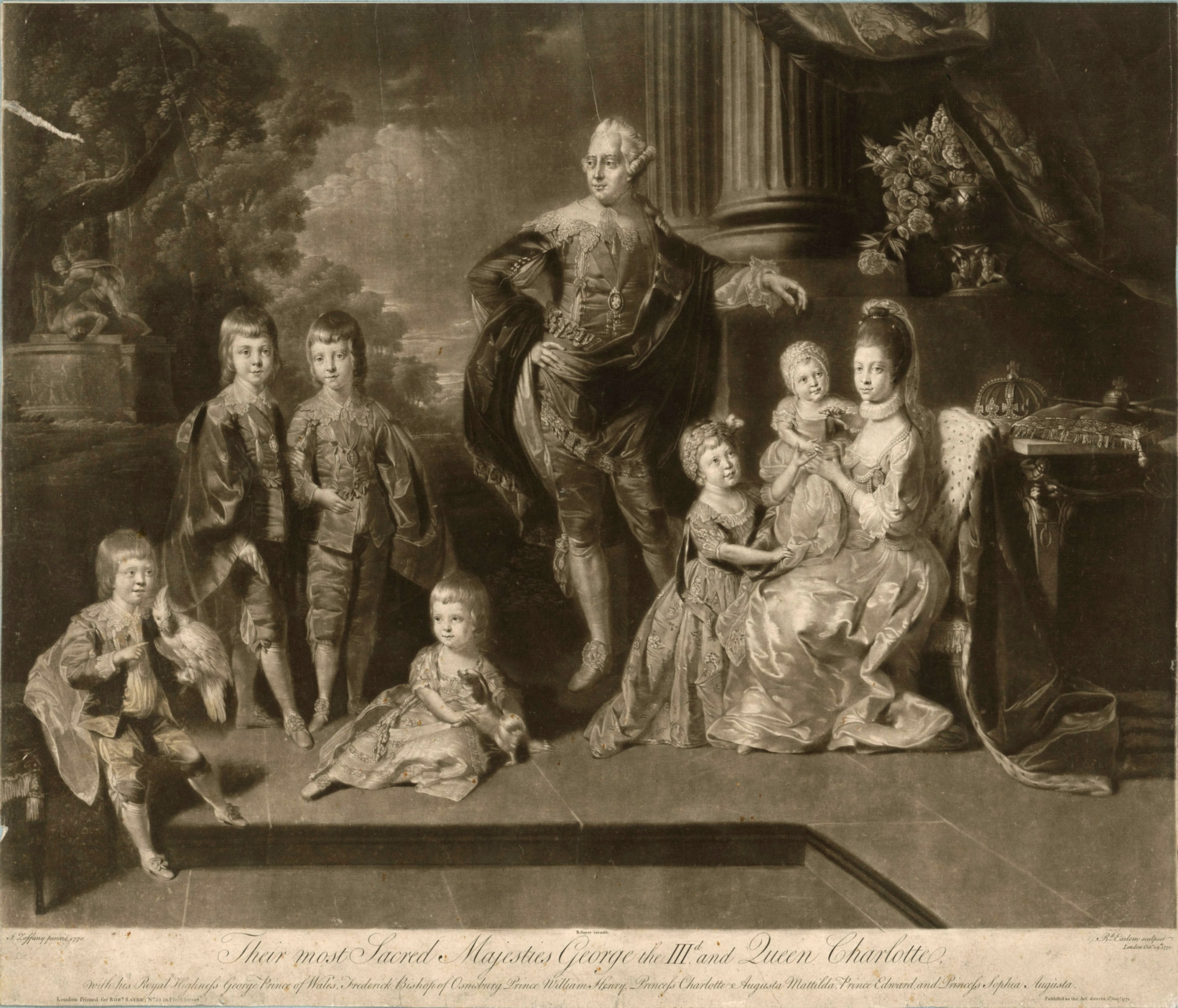 A print that shows queen Charolette seated with King George the third children sit with them.
