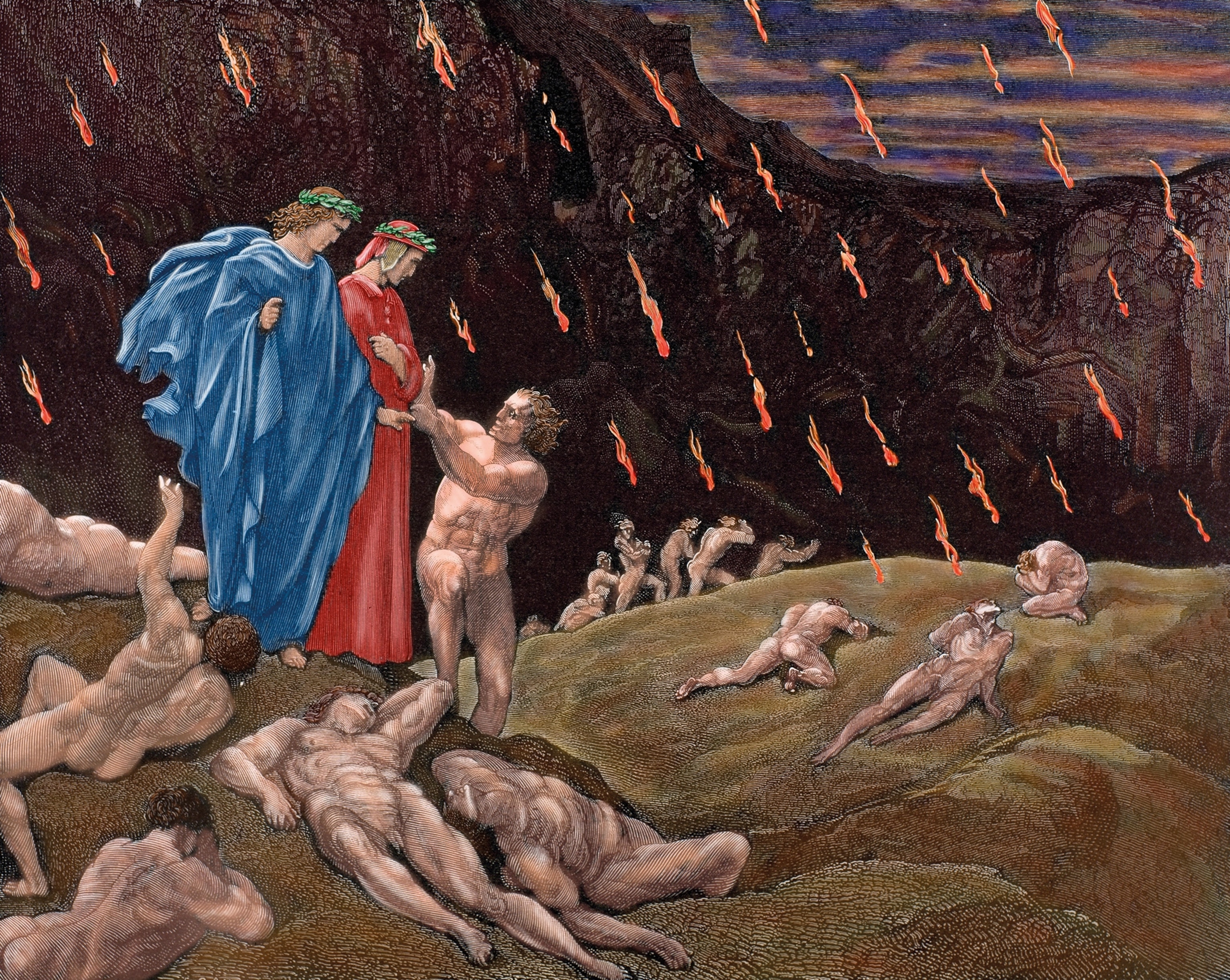 Dante, led by Virgil, greets his former schoolteacher in the seventh circle where fire rains down on a desert of burning sand.