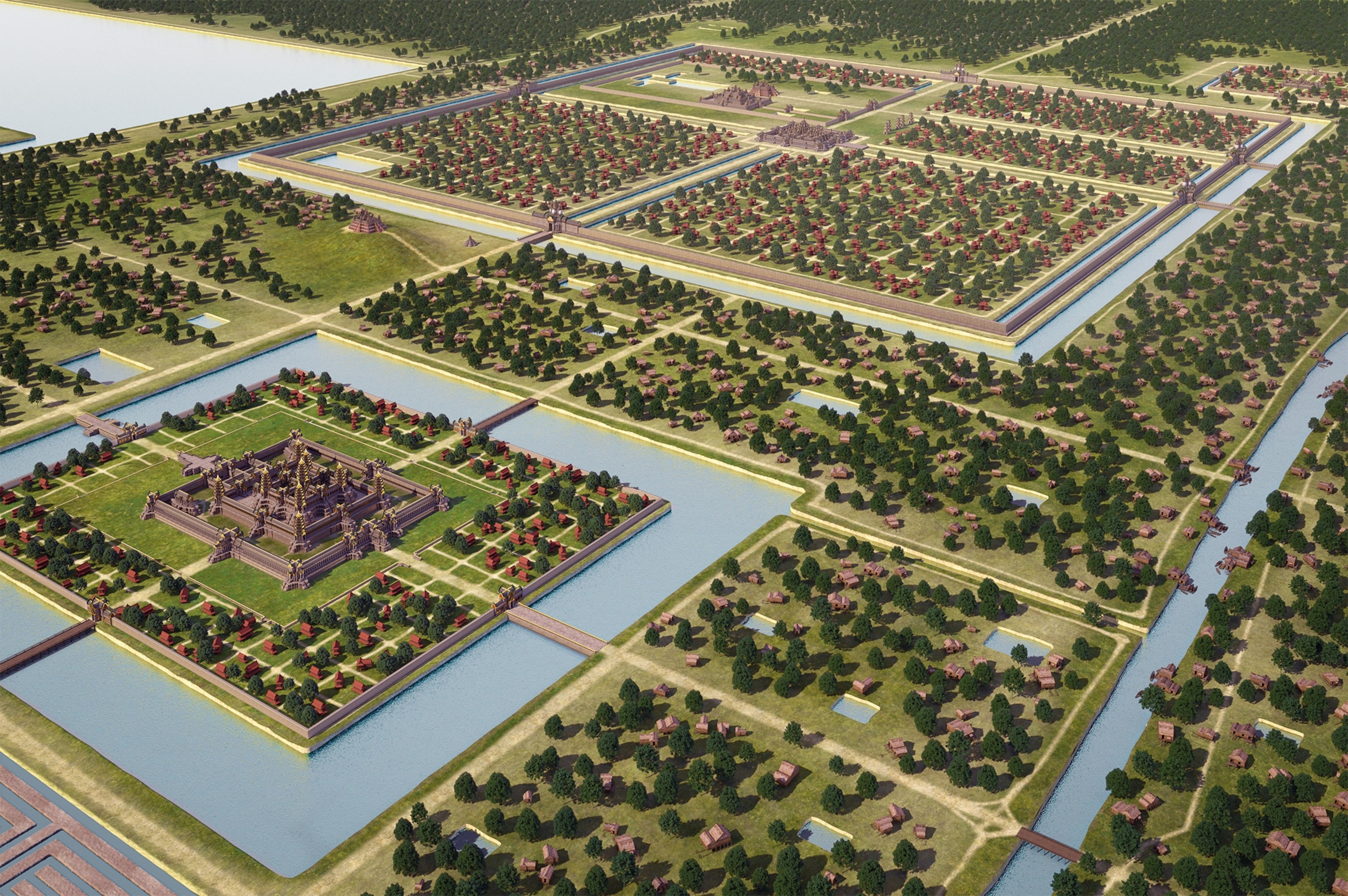 Dense vegetation dominates the landscape today, and the temples of Angkor appear isolated, like islands half subsumed by jungle. In its heyday in the 12th and 13th centuries, the Khmer capital was an urban macro-complex, as shown here. Some estimate its peak population in the hundreds of thousands. Angkor was home to carved wooden palaces and sumptuously decorated temples. Beyond the city walls, dwellings raised on pillars dotted the rice paddies, ponds, and canals—the latter a testimony to the Khmer’s genius for water engineering.