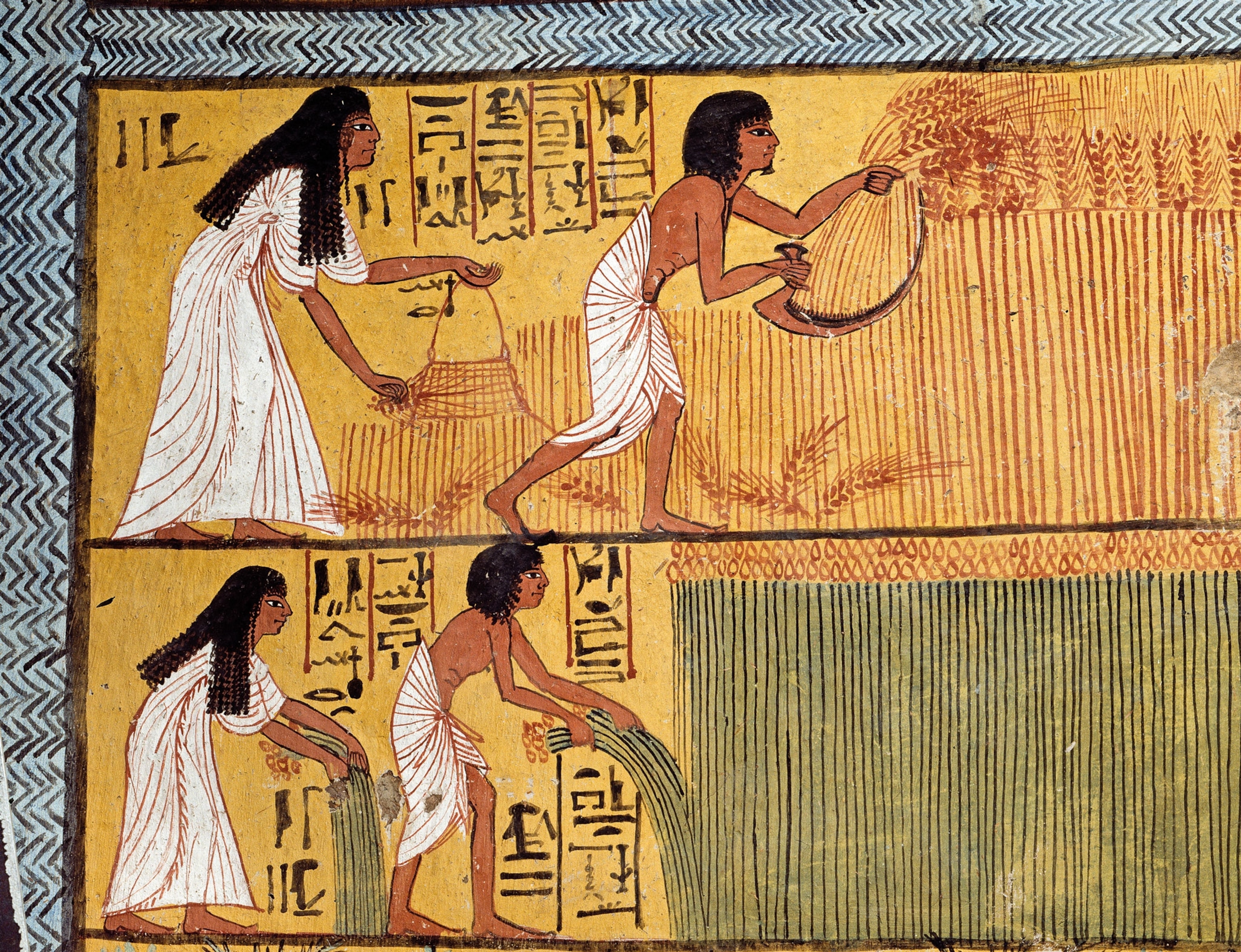 a painting of a couple working in a field