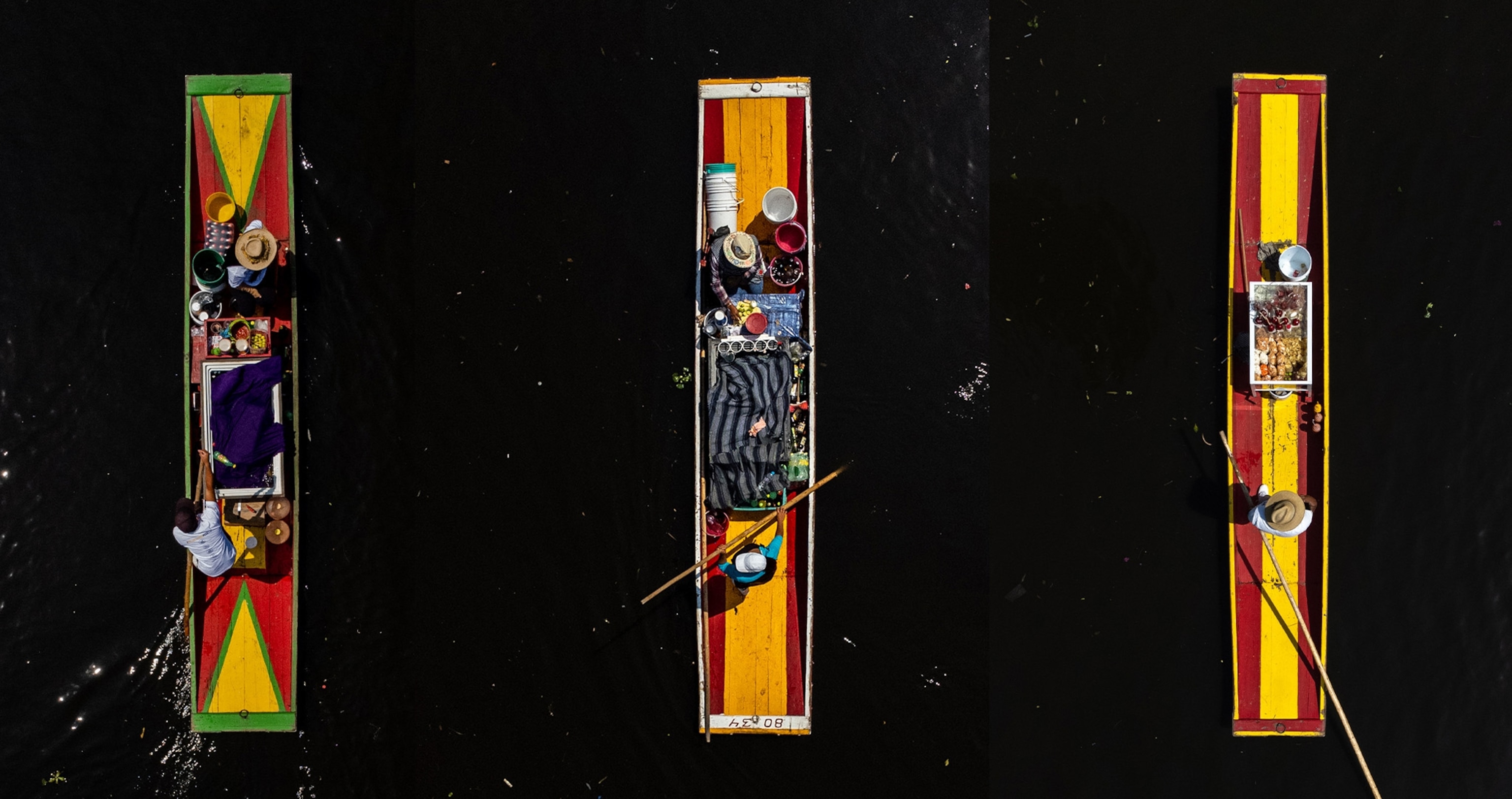 a collection of three images side by side of colorful canoe like boats