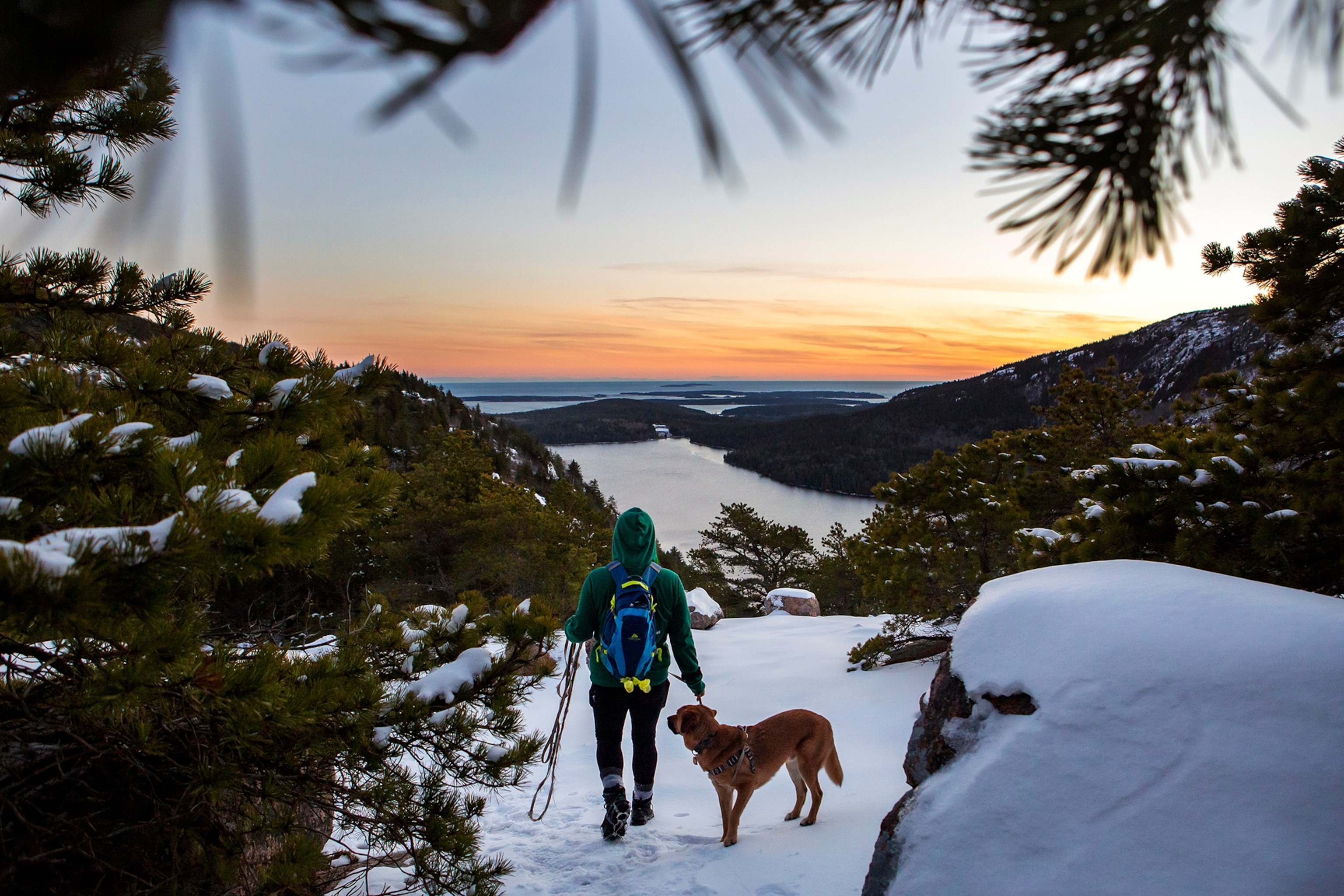 A person walks their dog along a snow-covered Bubbles Trail on North Bubble with Jordan Pond in the background in Acadia National Park.
