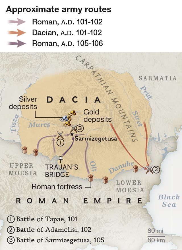 Map of the routes Roman and Dacian armies took during the Dacian Wars